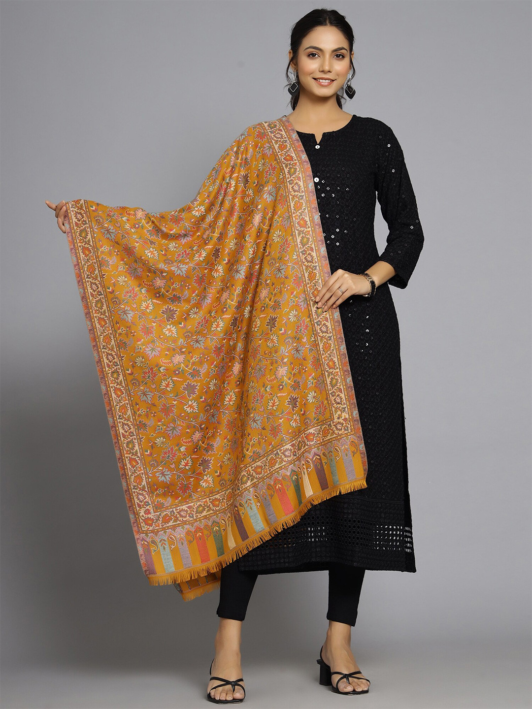 HANDICRAFT PALACE Women Mustard Yellow & Turquoise Blue Woven Design Wool Stole