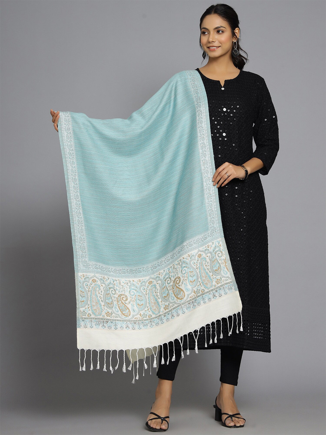 HANDICRAFT PALACE Women Turquoise Blue & Off White Paisley Woven Design Wool Stole