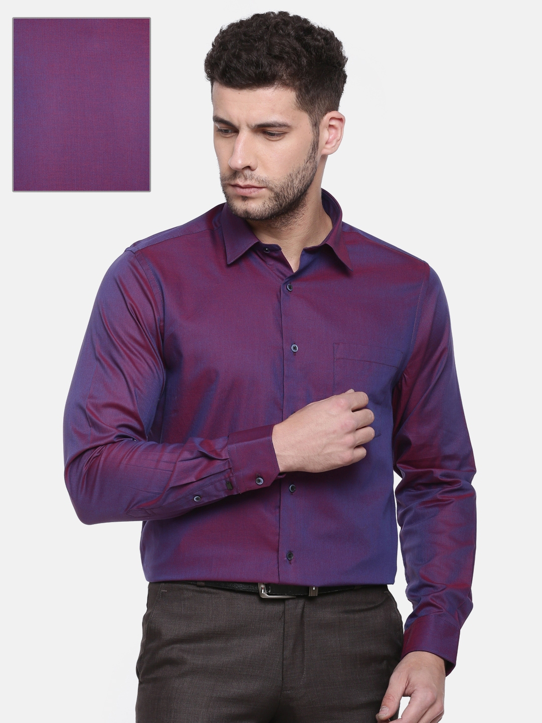 Purple shirt clearance and brown pants