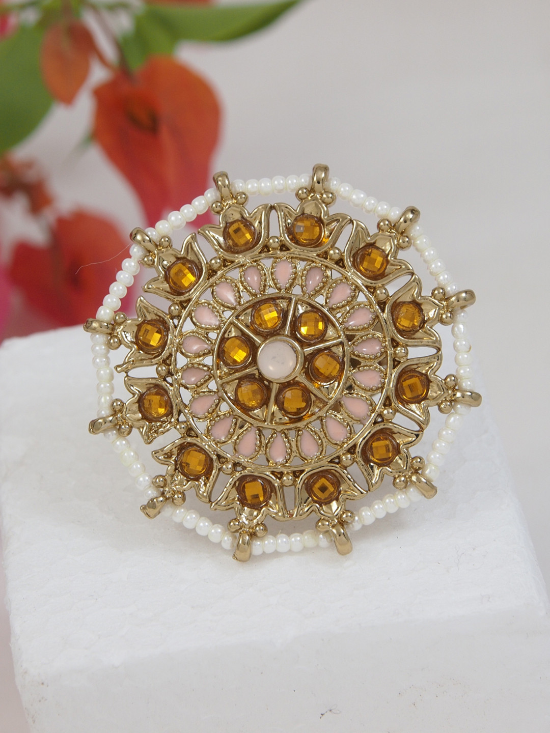I Jewels Gold-Toned & White Beaded & Stone-Studded Gold-Plated Finger Ring