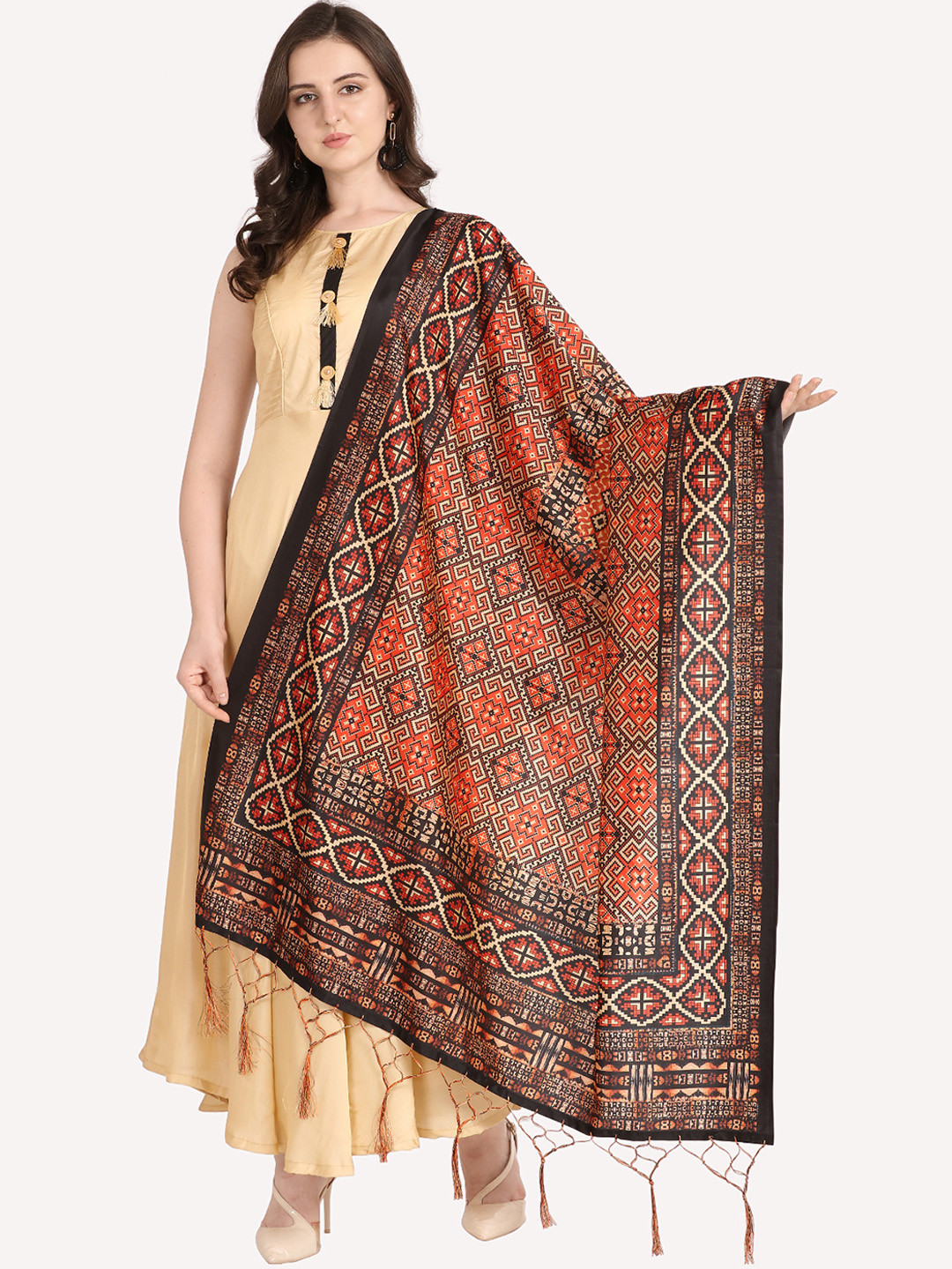 Kaizen TEXO FAB Black & Red Ethnic Motifs Printed Dupatta