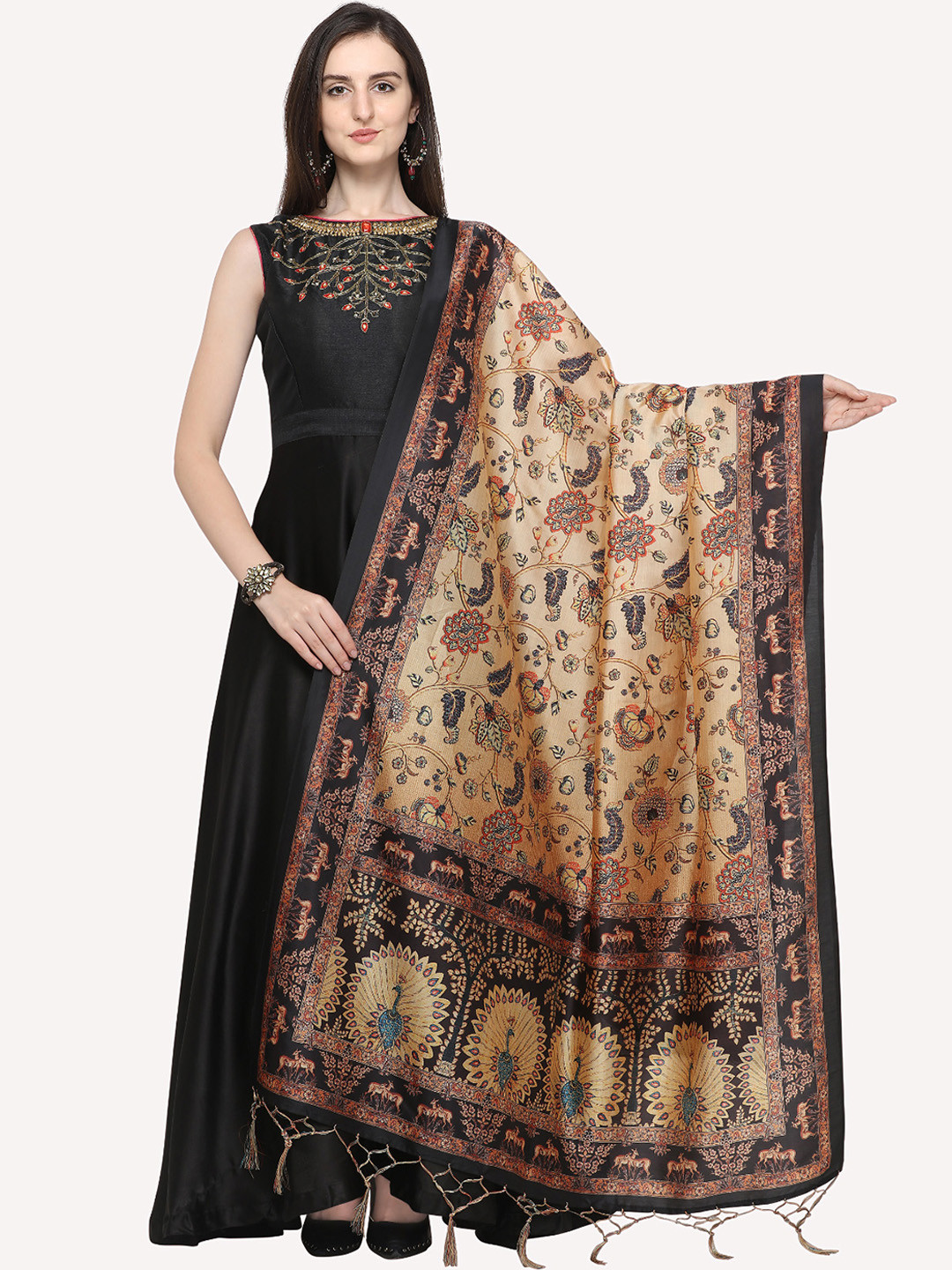 Kaizen TEXO FAB Black & Brown Ethnic Motifs Printed Dupatta