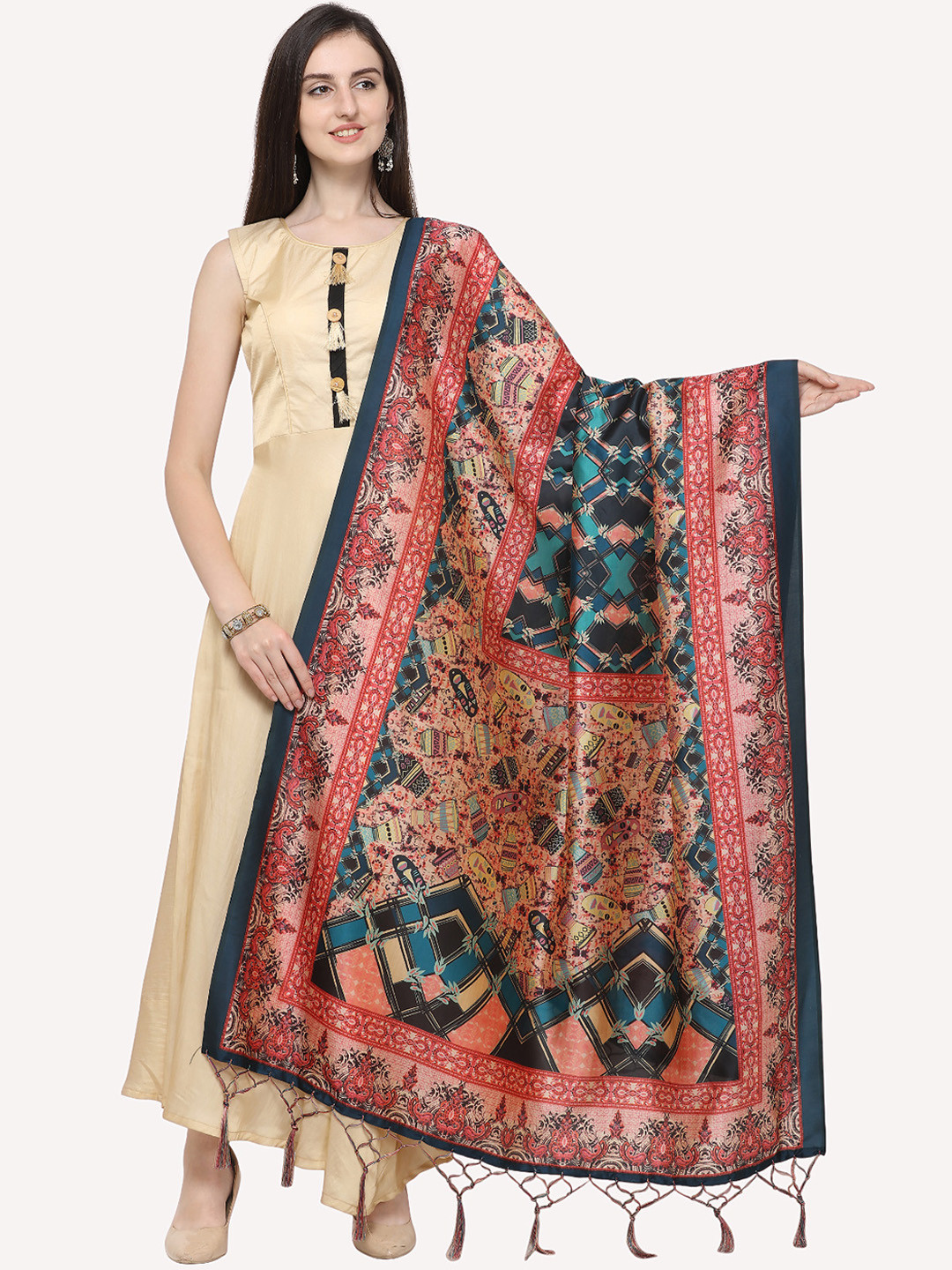 Kaizen TEXO FAB Green & Rust Ethnic Motifs Printed Dupatta