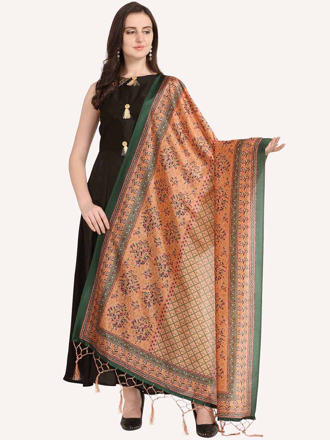 Kaizen TEXO FAB Green & Pink Printed Floral Dupatta