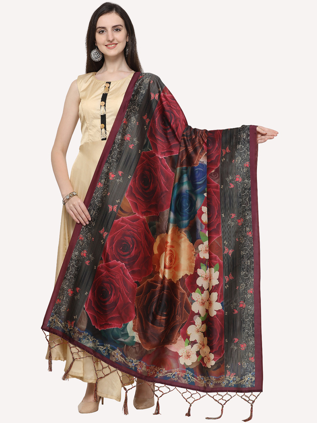 Kaizen TEXO FAB Maroon & Blue Printed Floral Dupatta