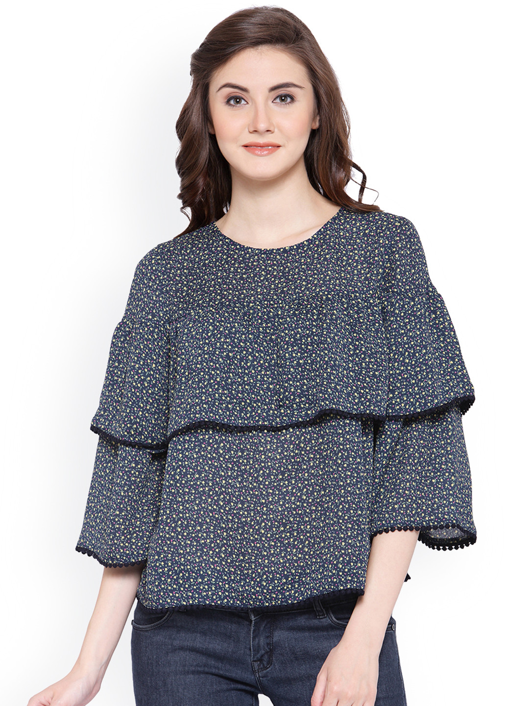 Gipsy Women Navy Blue Printed Layered Top