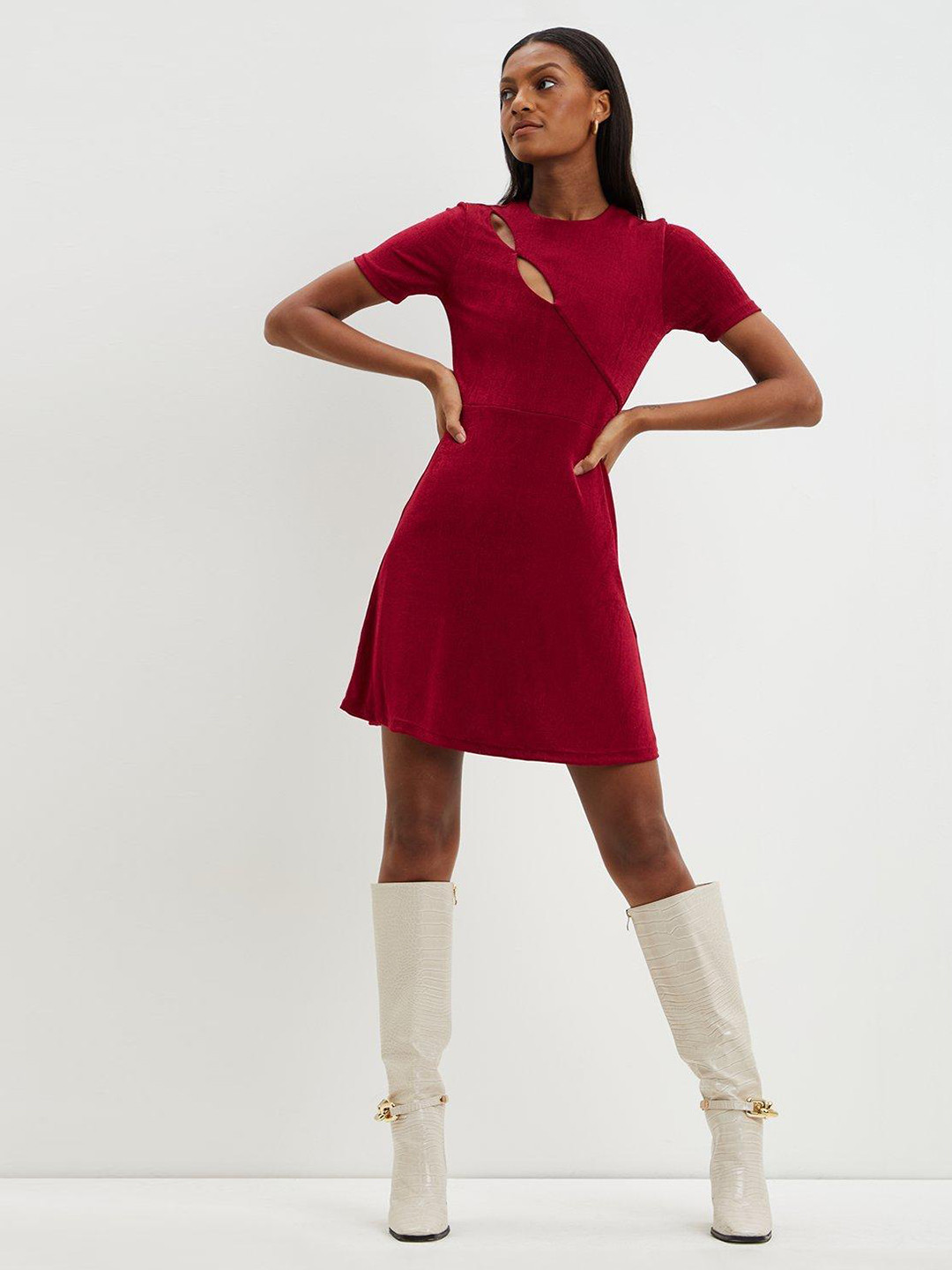 DOROTHY PERKINS Red Solid Shimmer Double Keyhole Mini Dress