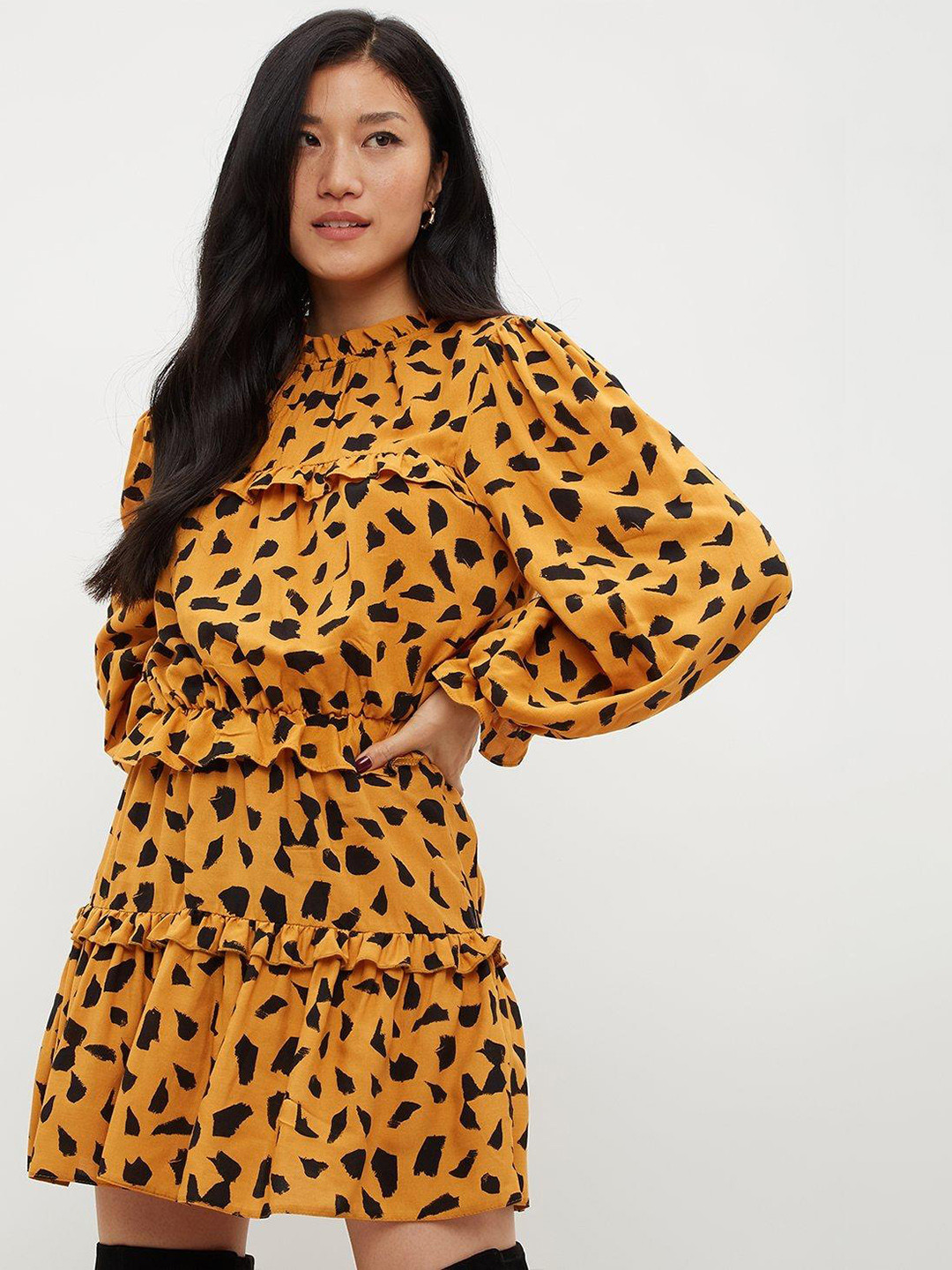 DOROTHY PERKINS Mustard Yellow & Black Animal Print Ruffles Tiered Top