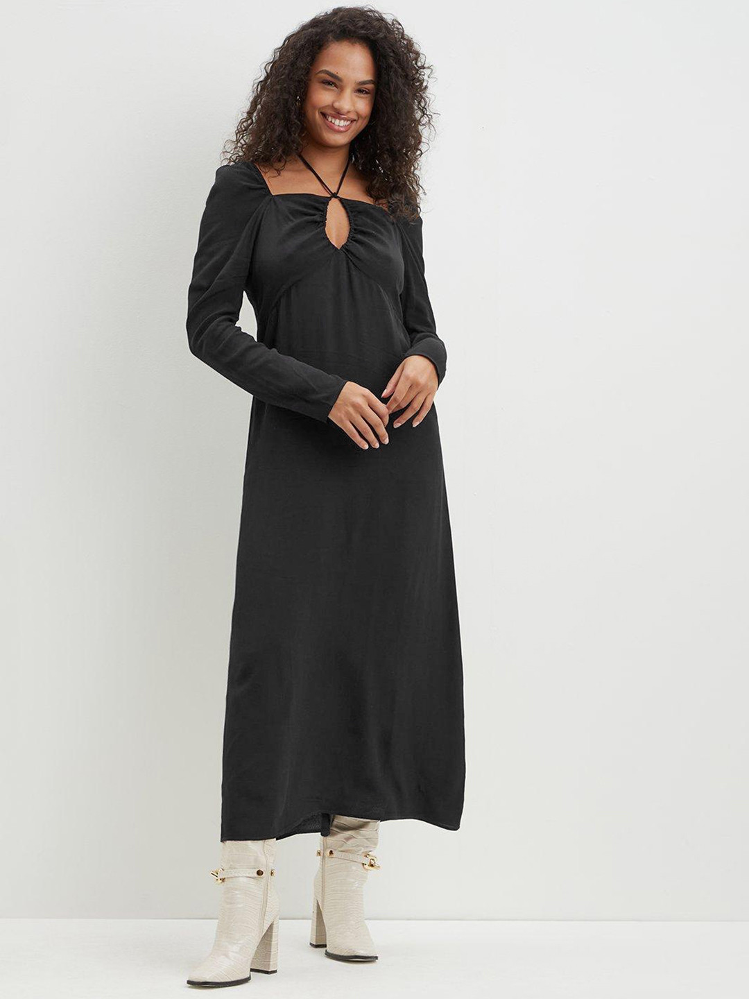 DOROTHY PERKINS Black Solid A-Line Midi Dress