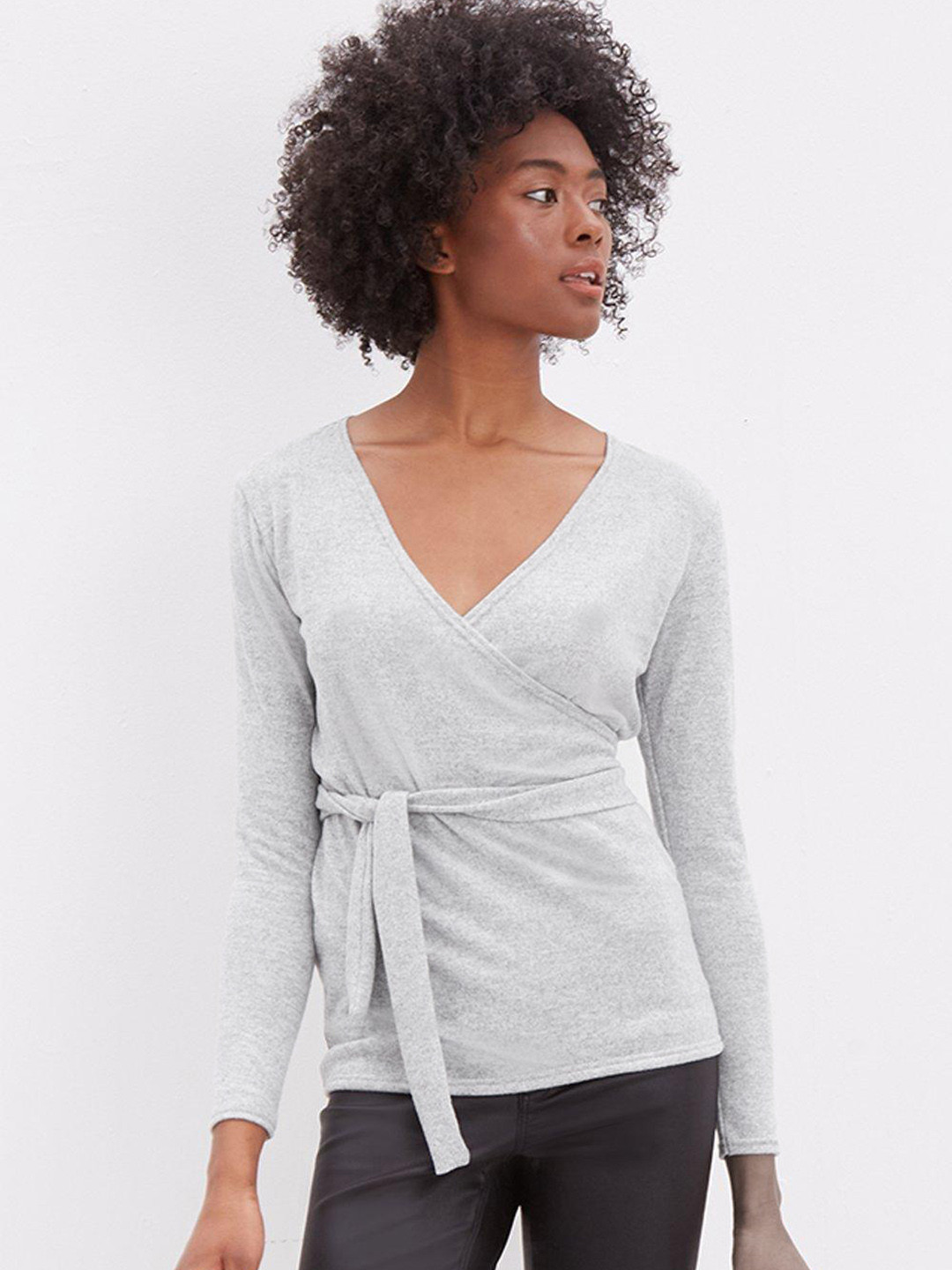 DOROTHY PERKINS Grey Melange Brushed Wrap Tie Top