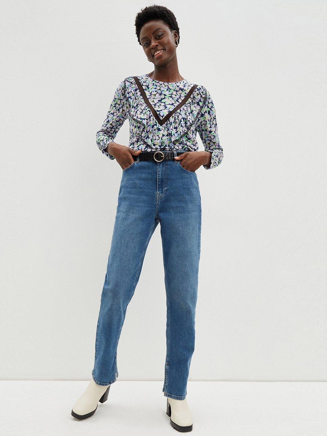 DOROTHY PERKINS Navy Blue & Lavender Floral Print Lace Trim Top