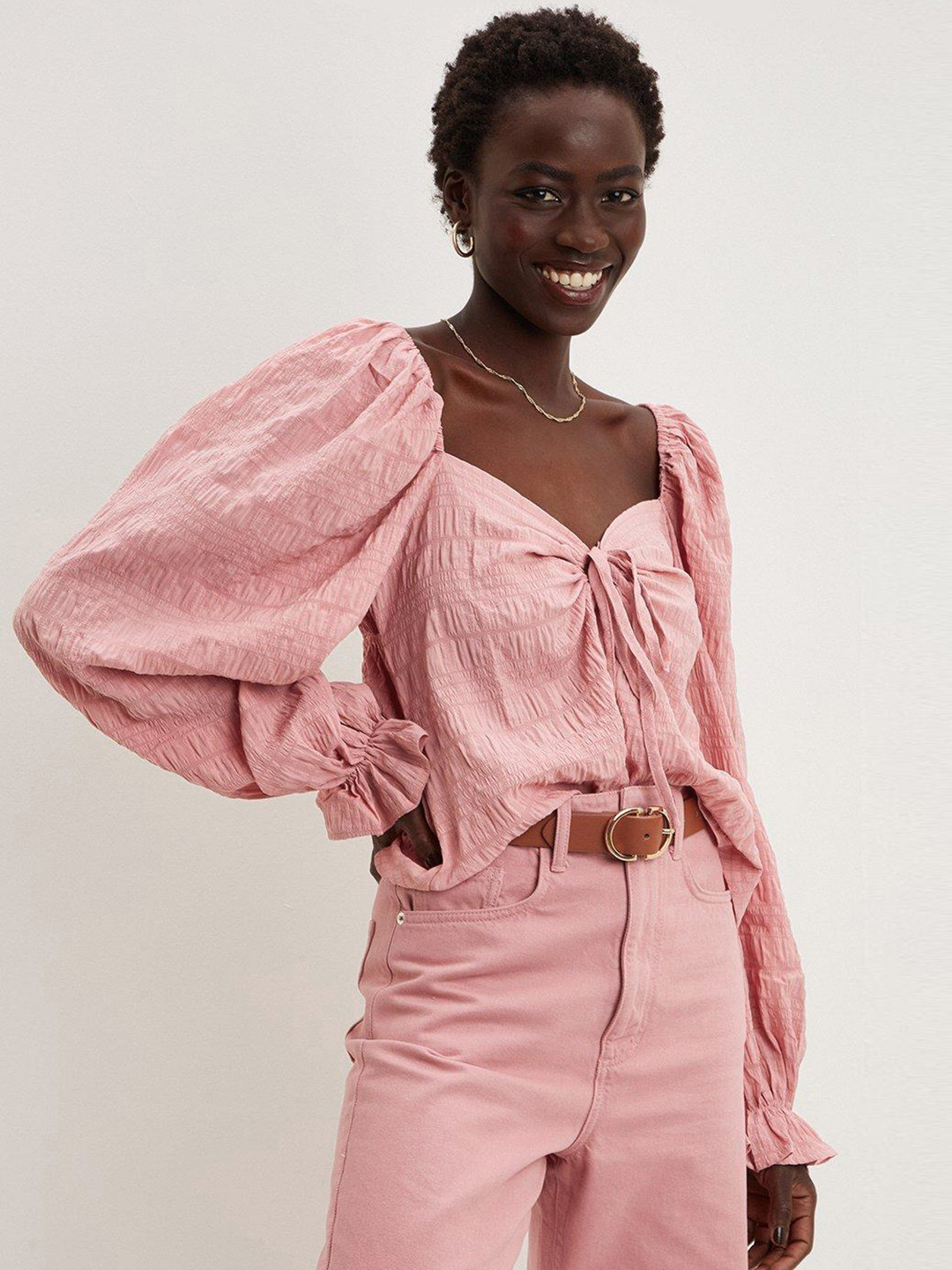 DOROTHY PERKINS Pink Solid Sweetheart Neck Smocked A-Line Top