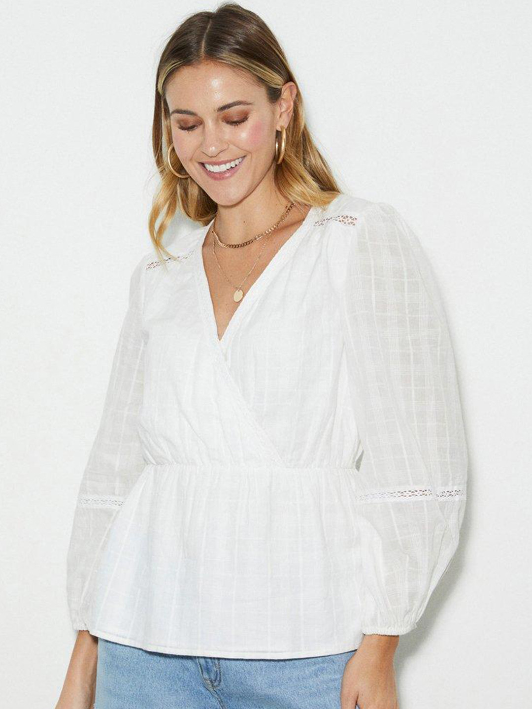 DOROTHY PERKINS White Pure Cotton Checked Wrap Top