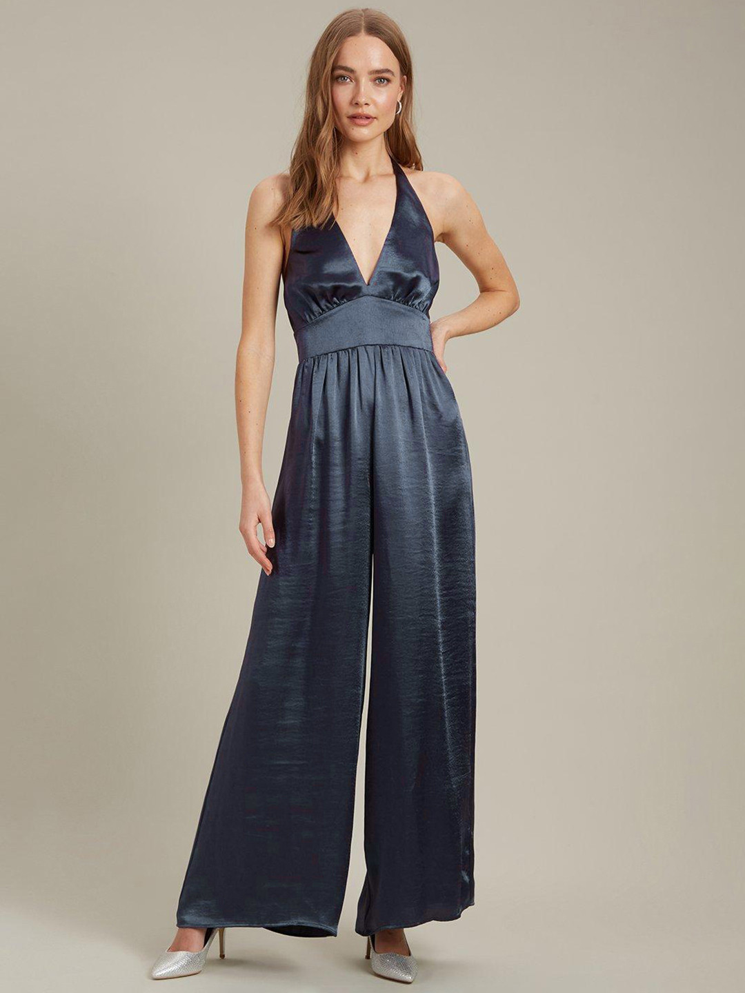 DOROTHY PERKINS Navy Blue Solid Satin Halter Neck Basic Jumpsuit