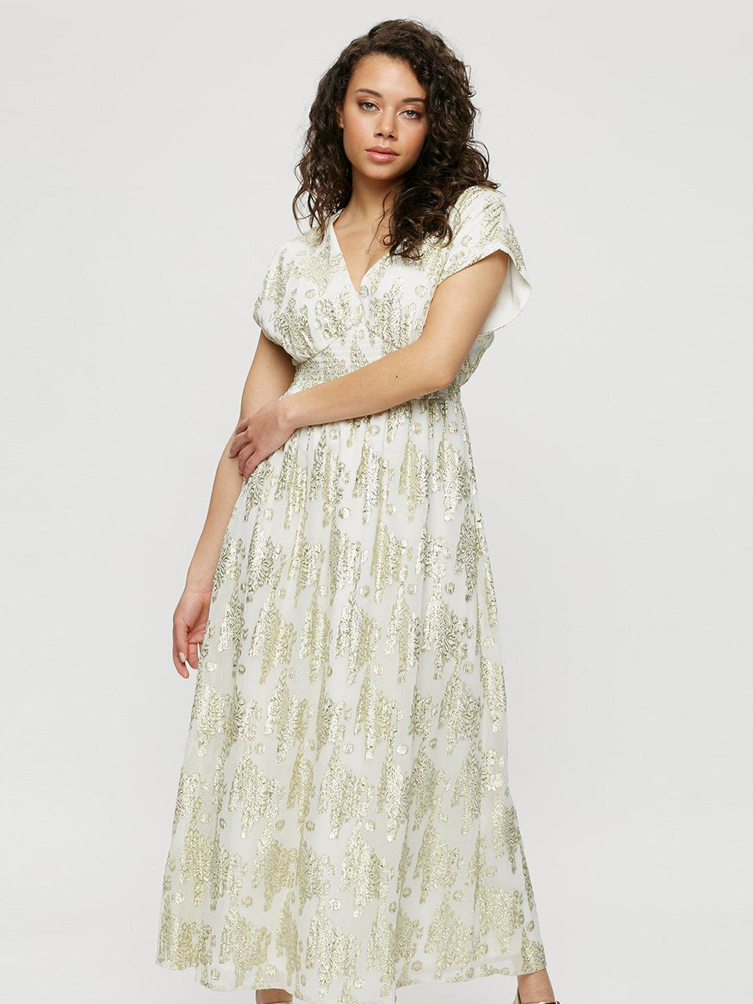 DOROTHY PERKINS Off-White & Golden Floral Print Maxi Dress