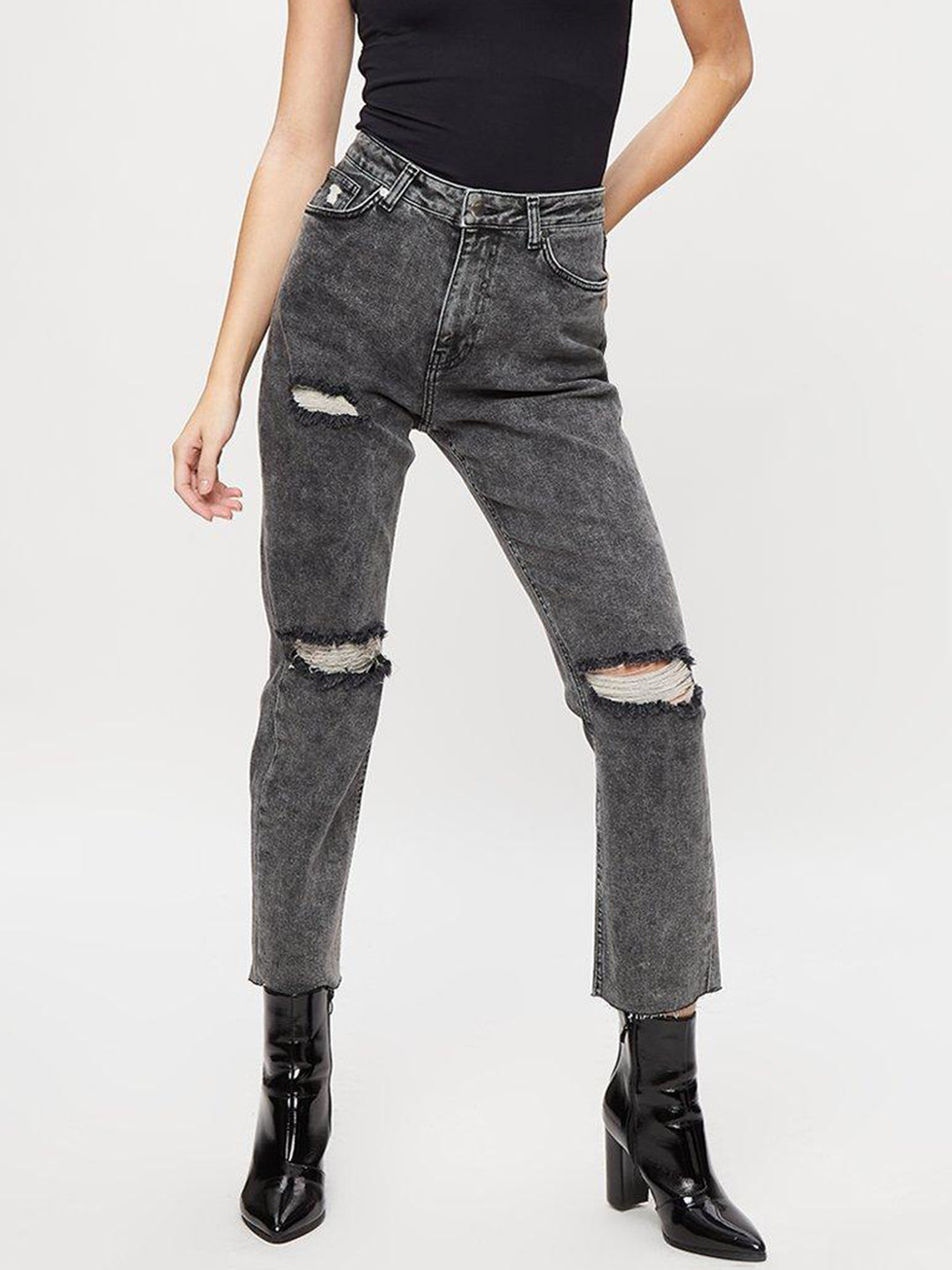 DOROTHY PERKINS Women Charcoal Grey Straight Fit Slash Knee Light Fade Raw Hem Jeans