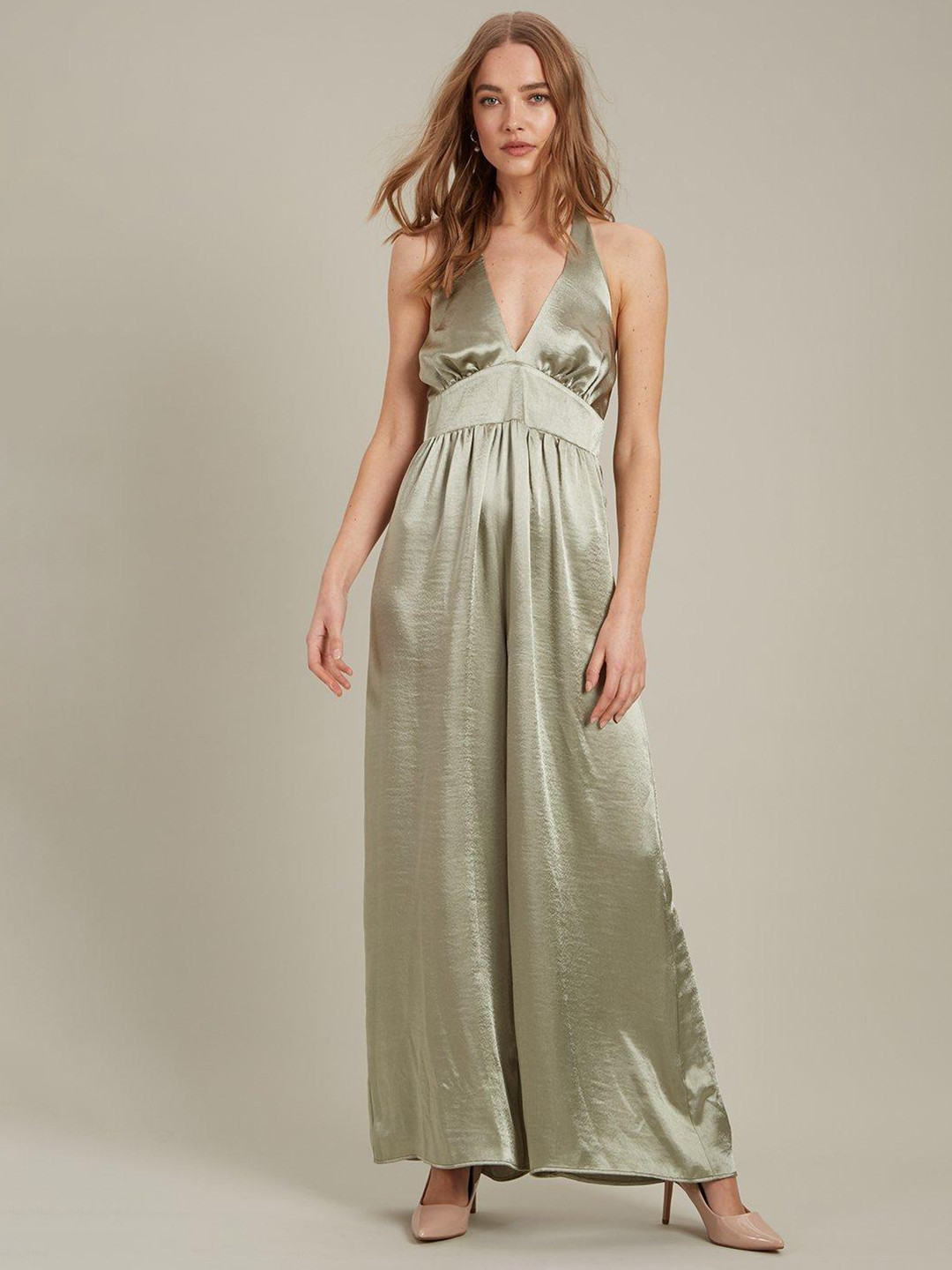 DOROTHY PERKINS Green Solid Satin Halter Neck Basic Jumpsuit