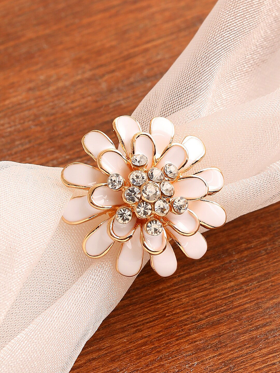 SOHI Gold-Plated Cream Coloured & White Stone Studded Adjustable Finger Ring