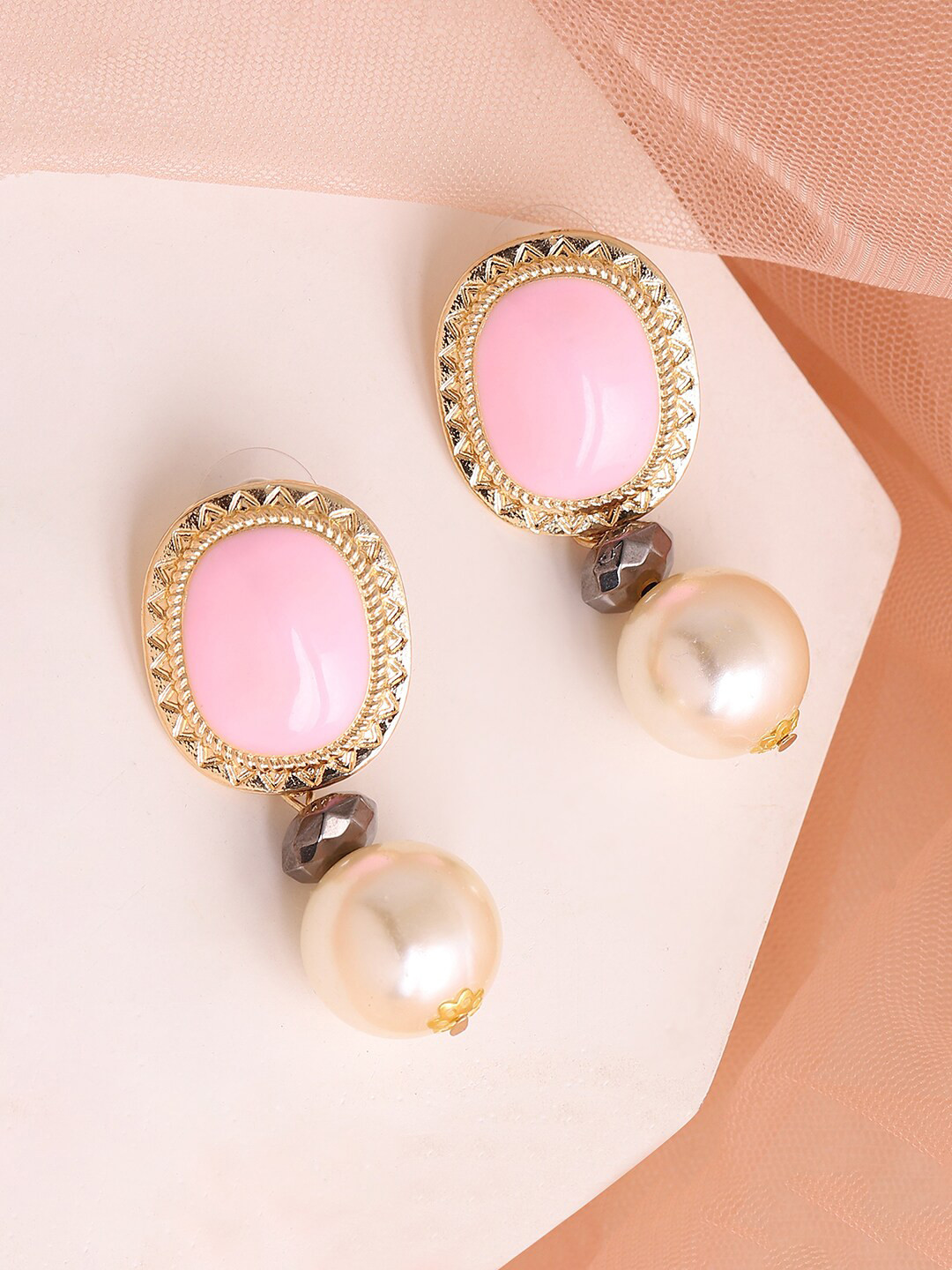 SOHI Pink & Off White Contemporary Gold Plated Drop Earrings