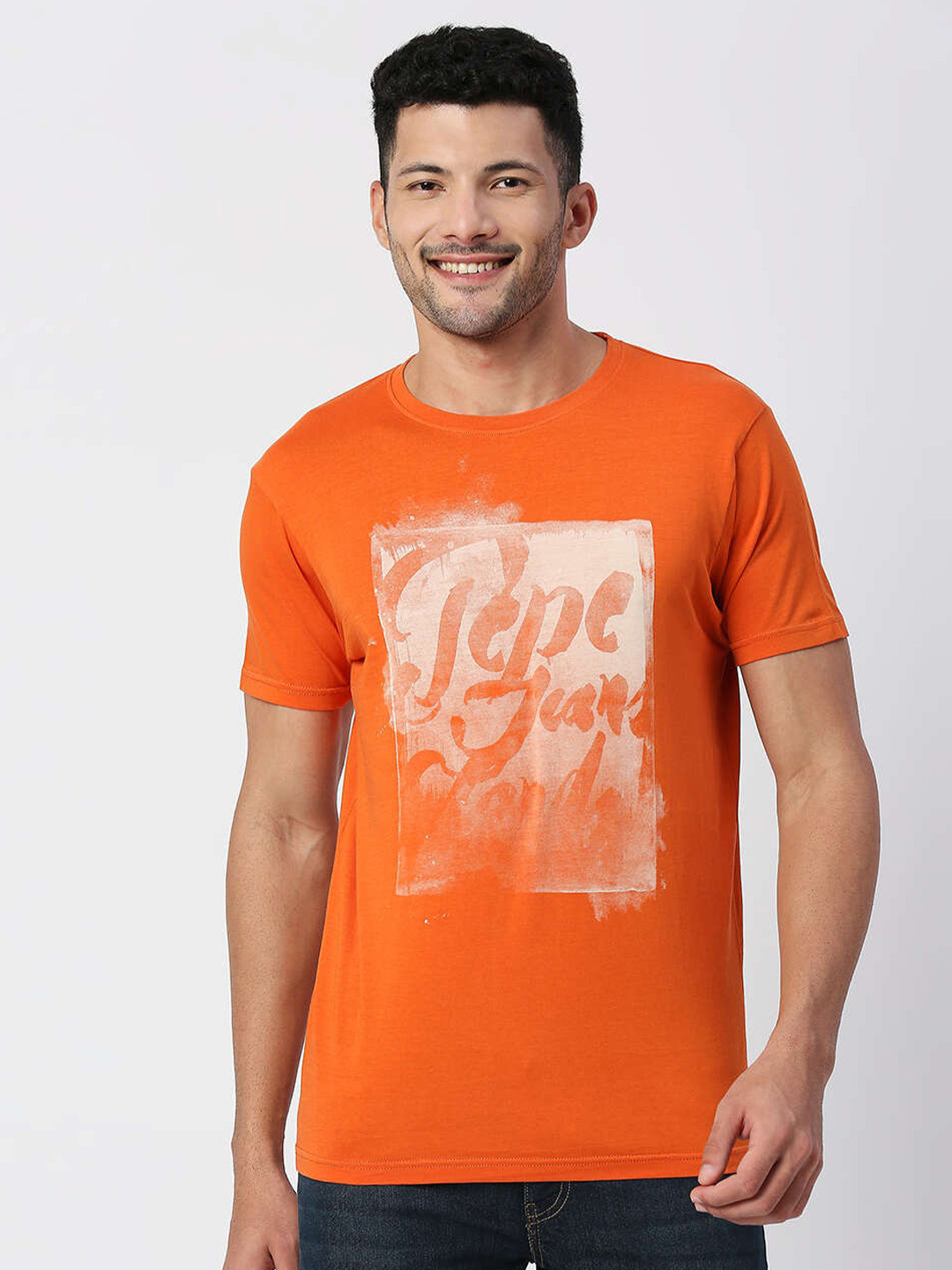 Pepe Jeans Men Orange Cotton Typography Printed T-shirt