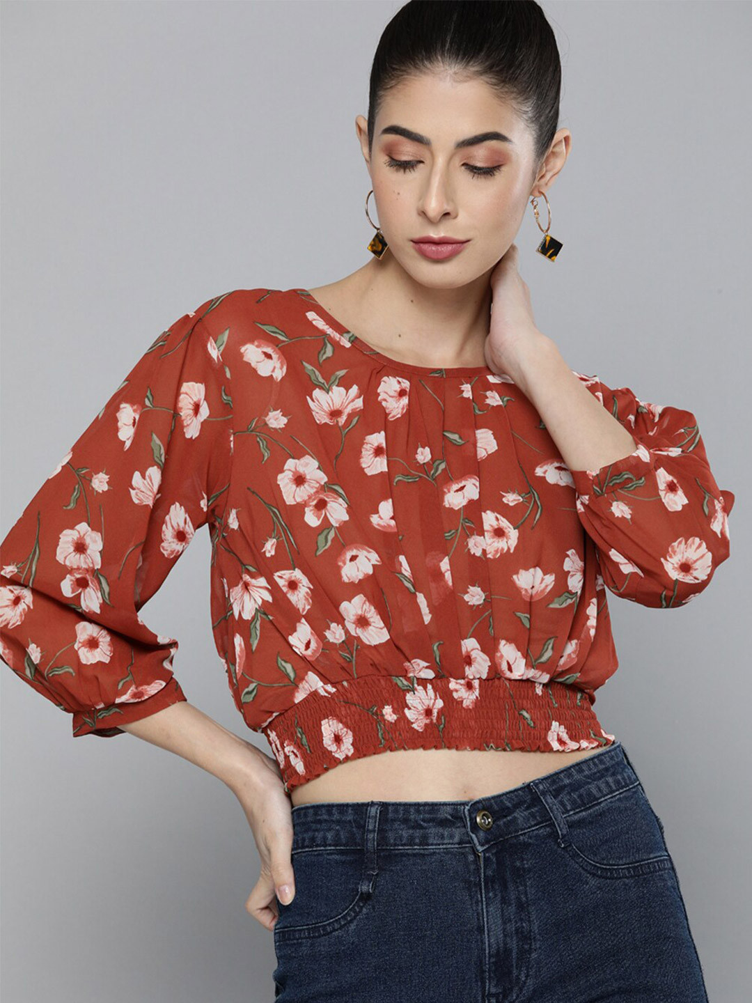 Kvsfab Rust Floral Print Indigo Georgette Blouson Crop Top