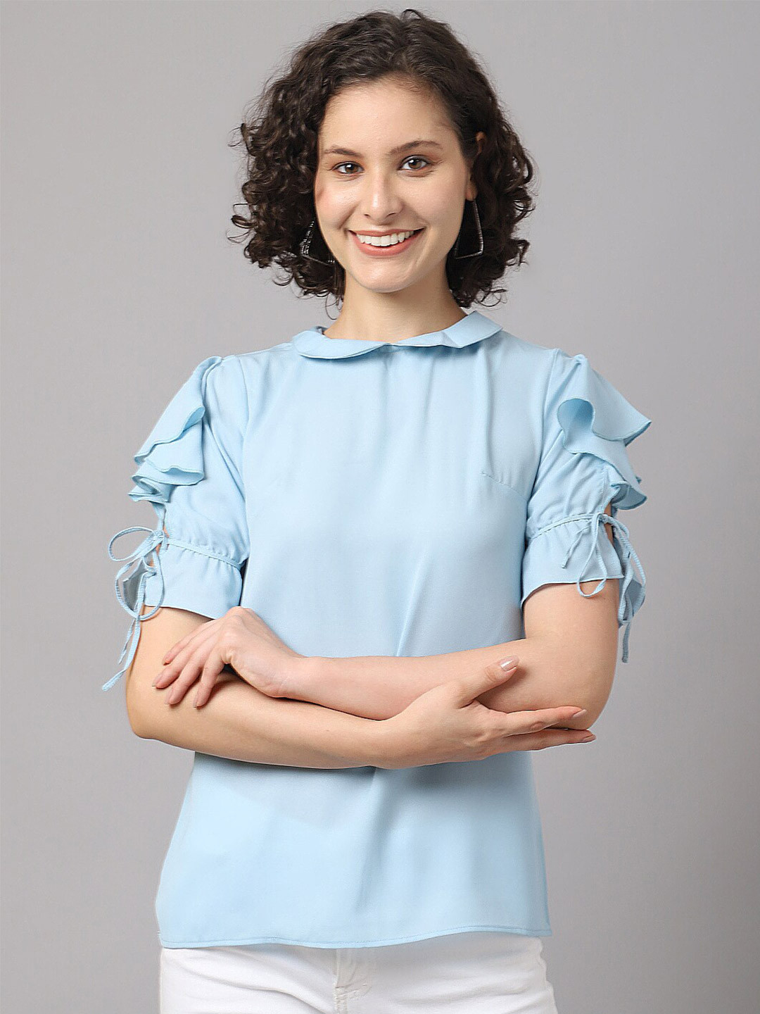 La Zoire Blue Peter Pan Collar Georgette Top