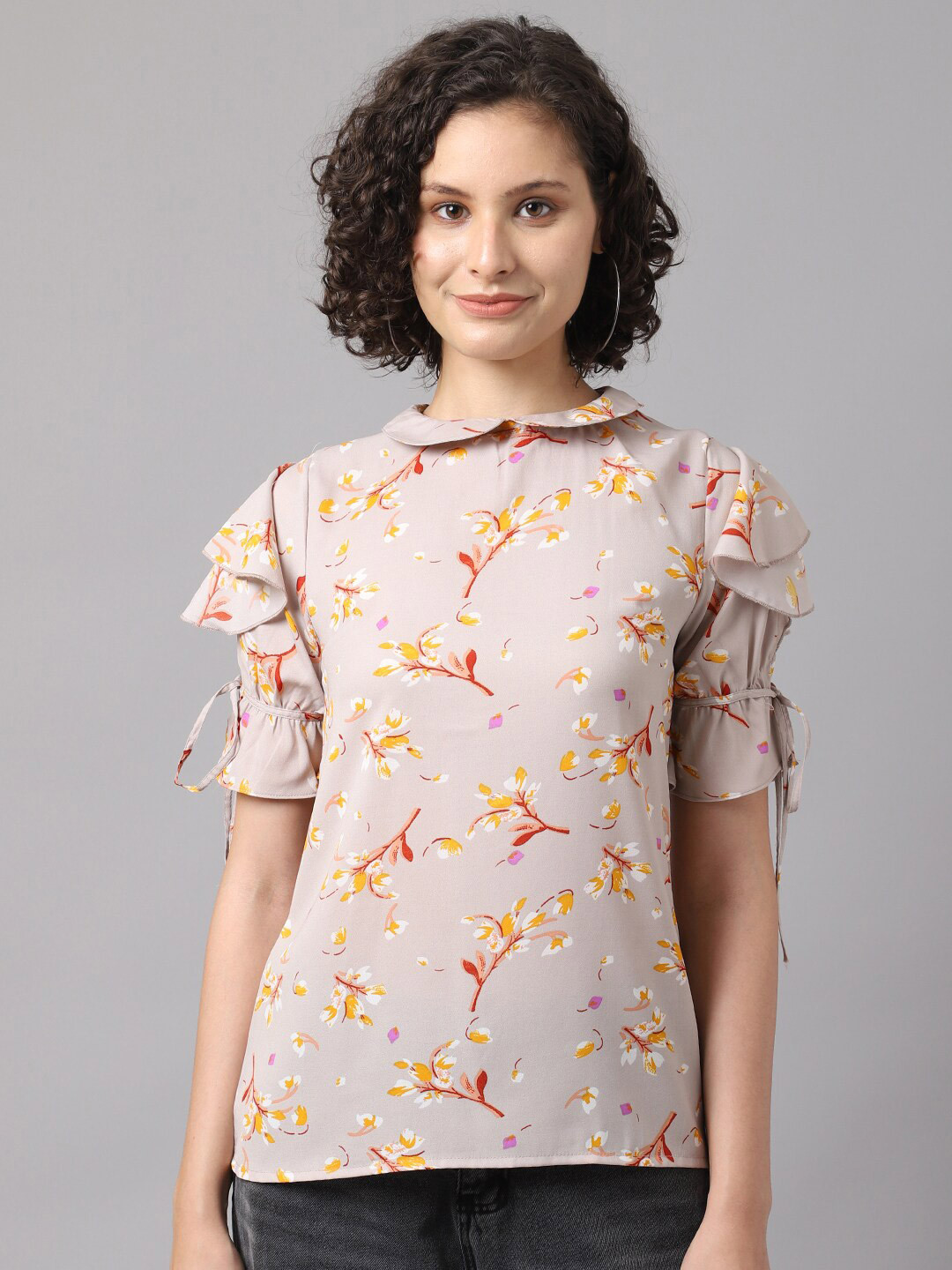 La Zoire Brown Floral Print Peter Pan Collar Georgette Top