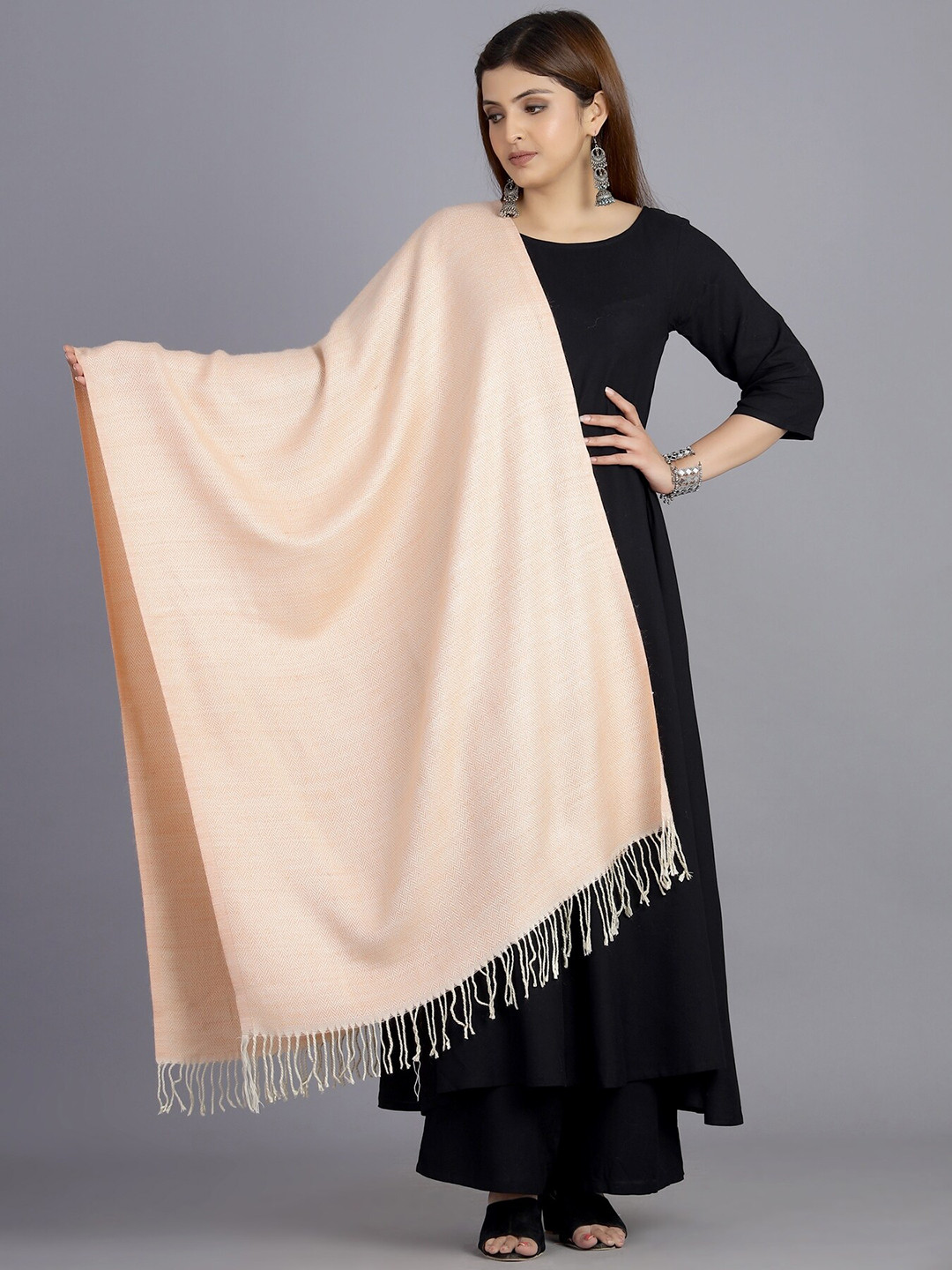 HANDICRAFT PALACE Women Orange & White Chevron Woven Design Wool Stole