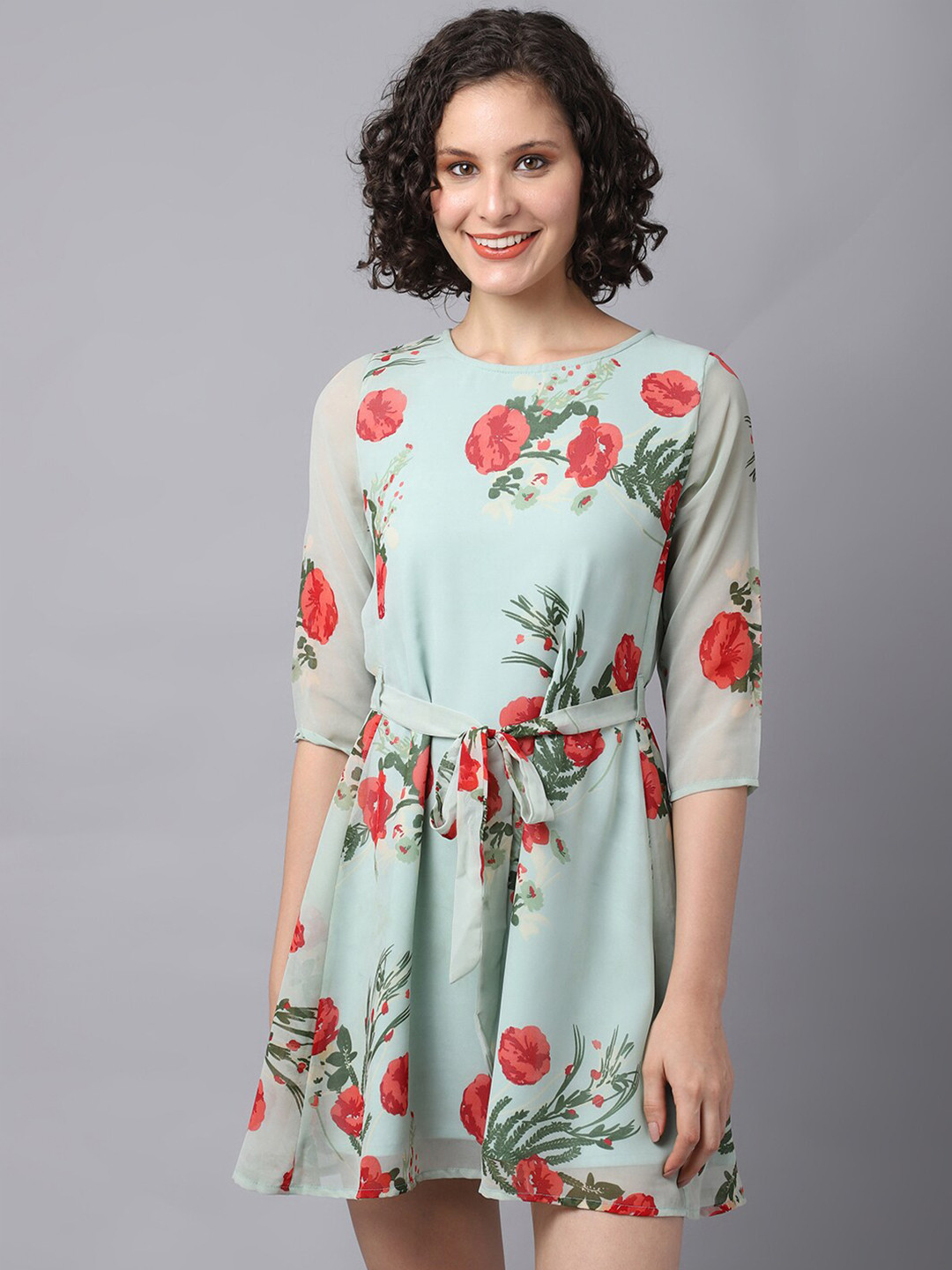 La Zoire Sea Green Floral Printed Georgette Mini Dress