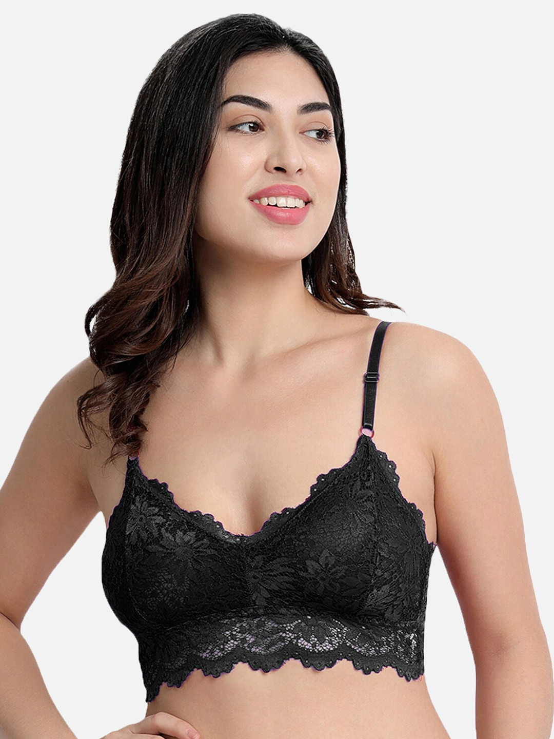Flenzy Black Lace Bralette Bra - Lightly Padded