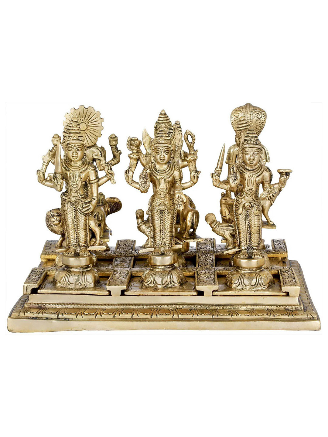 Exotic India Gold-Toned Navagraha Deities With Their Respective Vahanas In Brass Showpiece