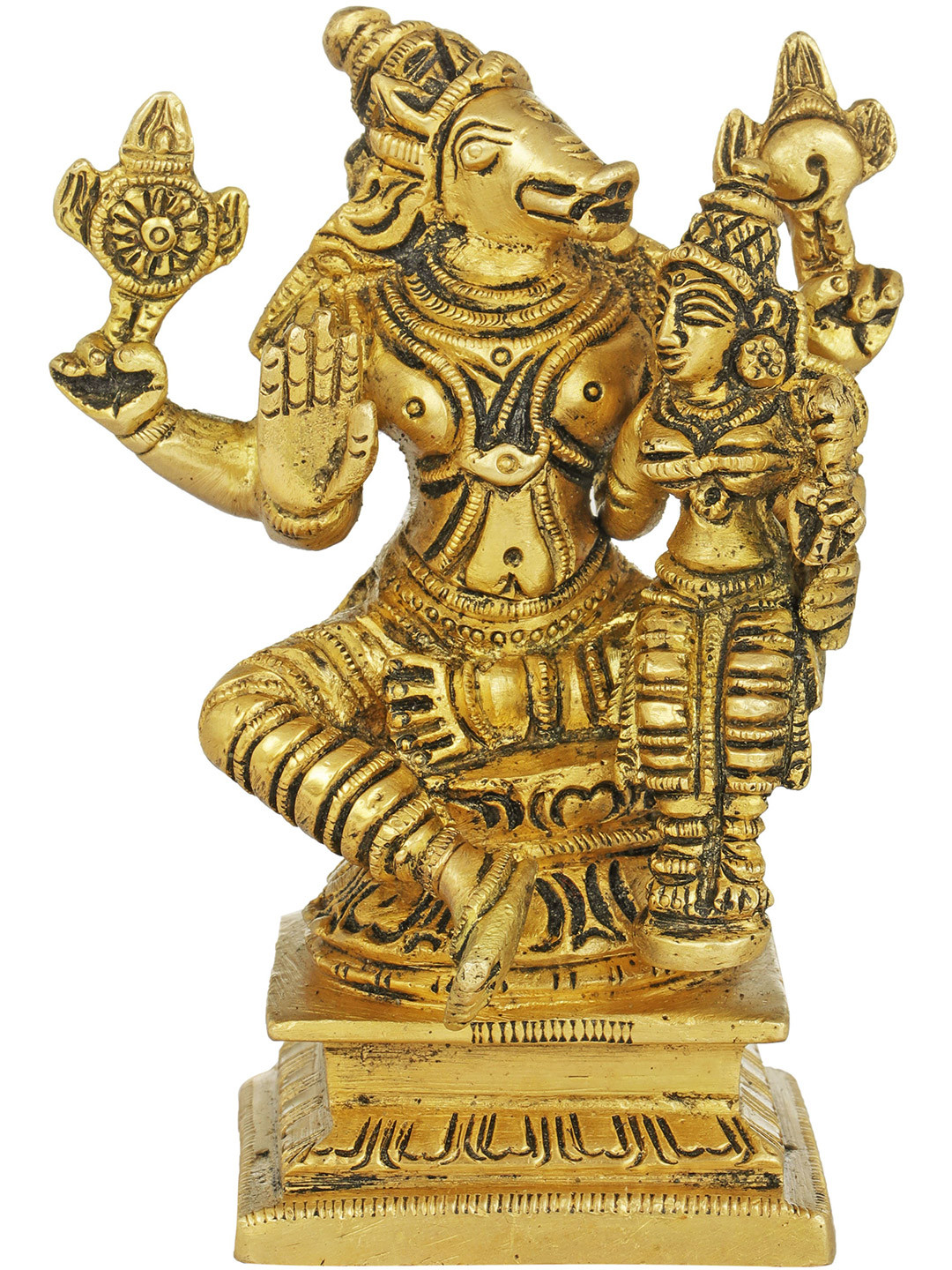 Exotic India Gold Toned Varaha Avatara Vishnus Boar Incarnation and Bhudevi In Showpiece