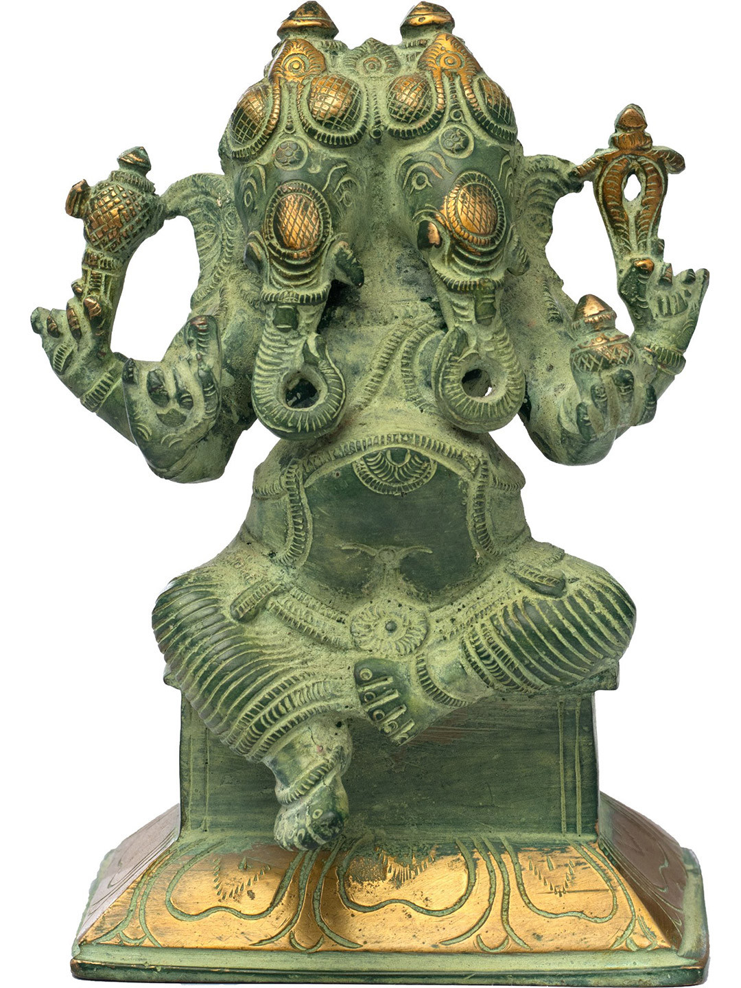 Exotic India Green & Gold Toned Two Headed Ganesha Religious Idol Showpiece