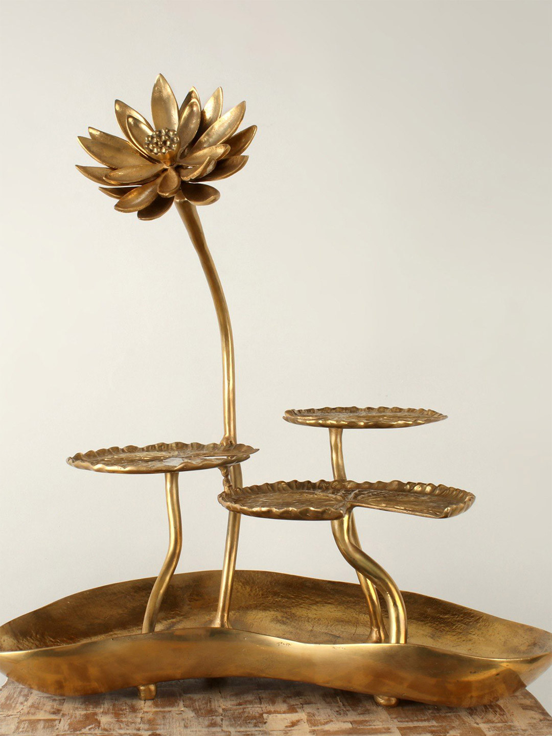 Exotic India Sunflower and Lotus Leaf Brass Candle Holder
