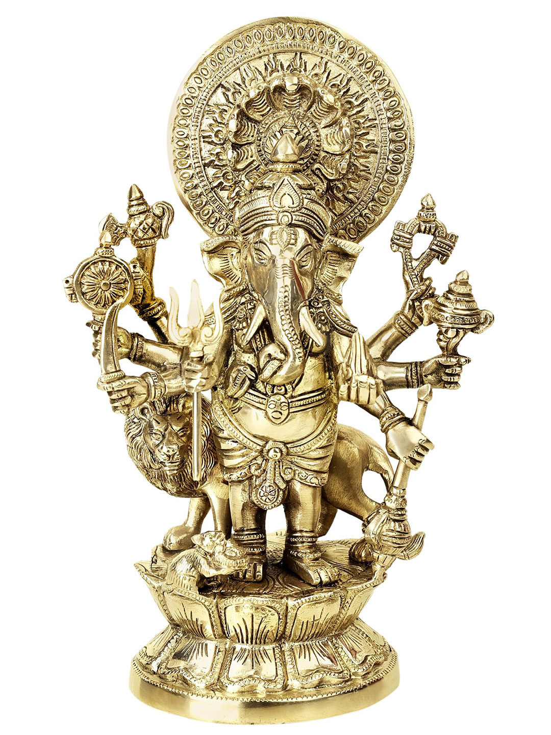 Exotic India Gold-Toned Ashtabhuja Simha Ganesha With Serpents Aureole Religious Showpiece
