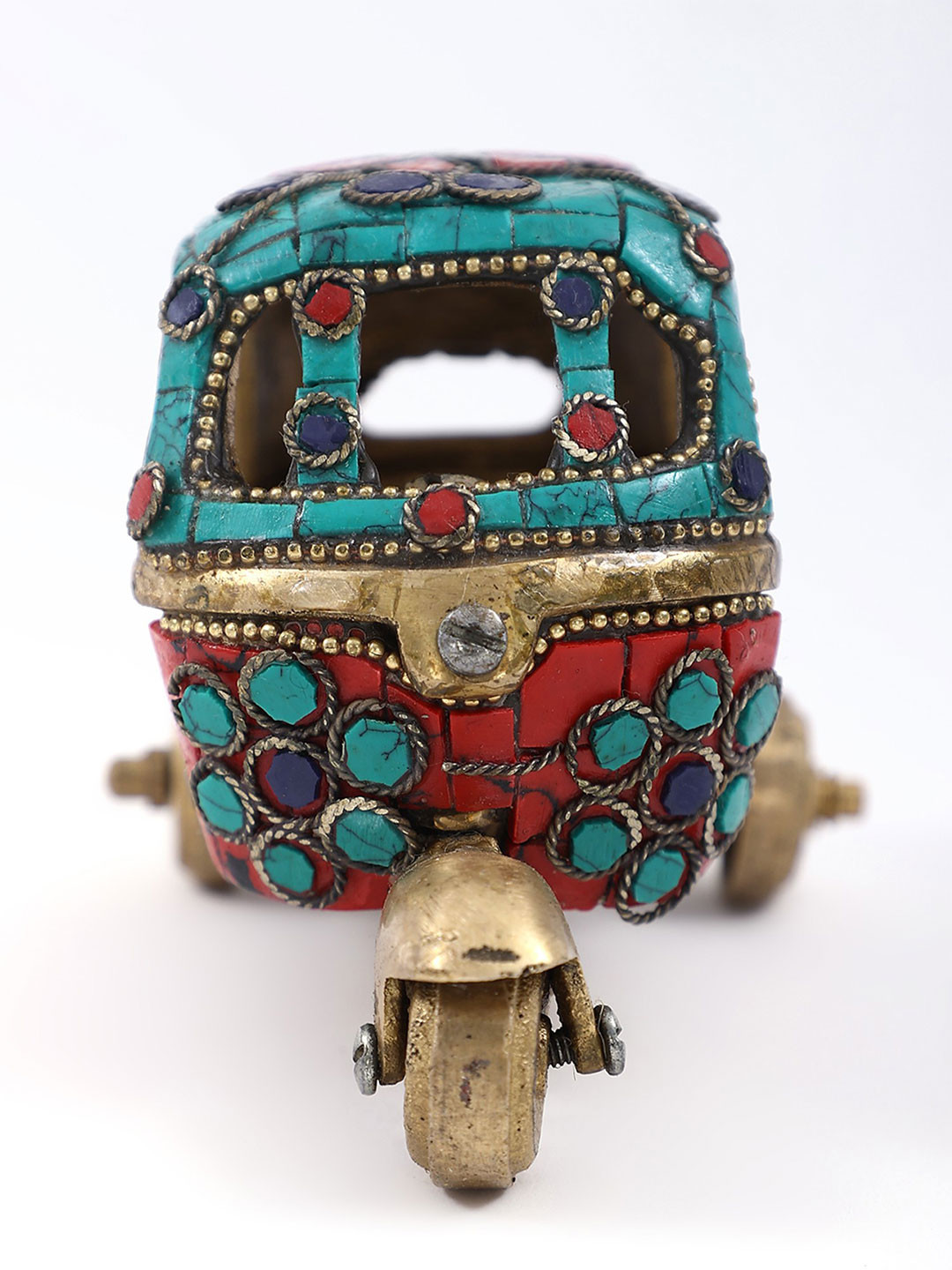 Exotic India Gold Toned & Blue Small Auto Rickshaw With Inlay Work Curio Showpiece