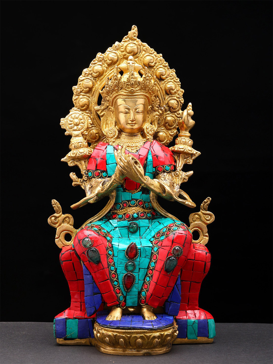 Exotic India Gold-Toned & Teal The Future Buddha Maitreya Brass Showpiece