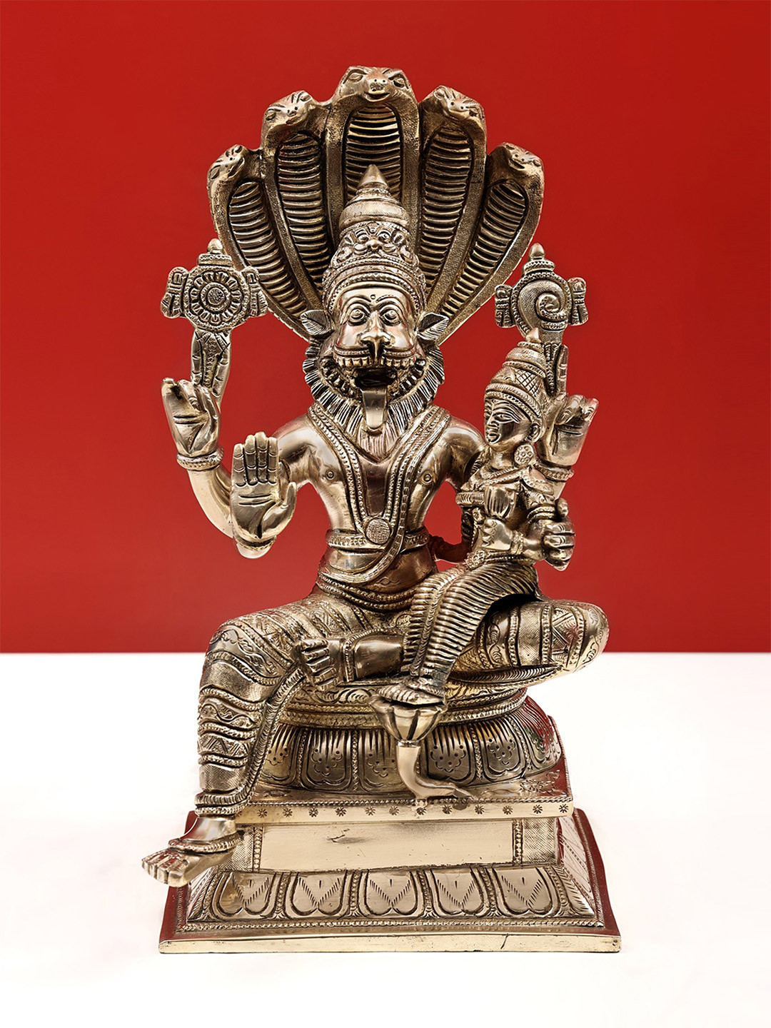 Exotic India Gold Toned Lord Narasimha with Goddess Lakshmi Brass Statue