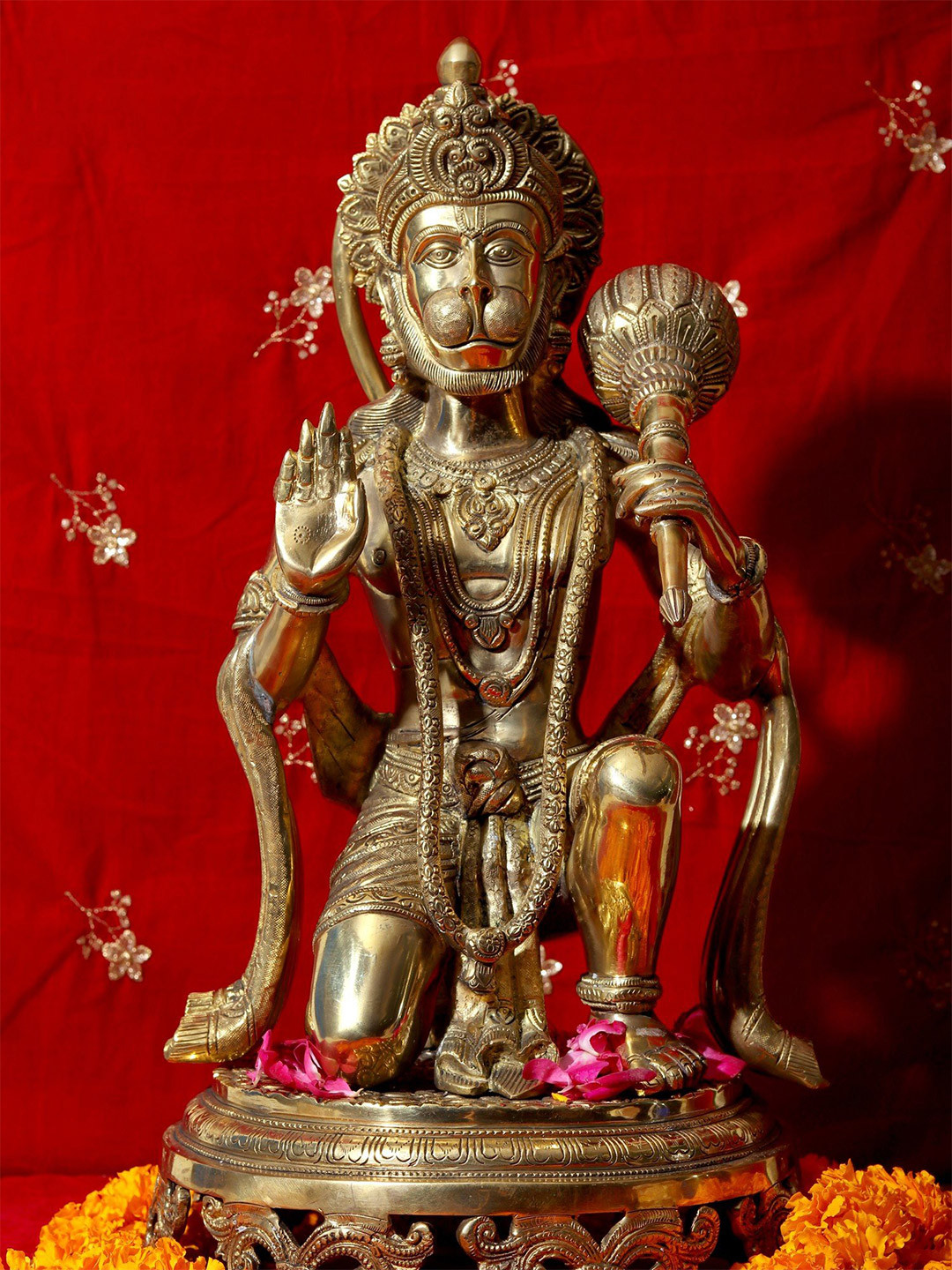 Exotic India Gold-Toned Aashirvada Hanuman Knelt Upon A Richly Pedestal Brass Showpiece