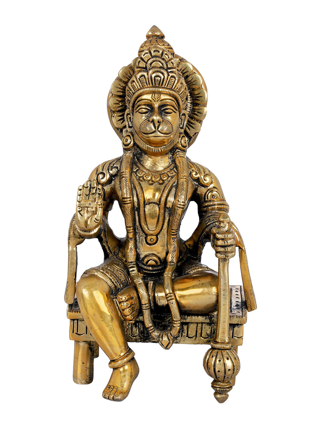 Exotic India Gold-Toned & Black Religious Hanuman Seated on a Chowki Idol Showpiece