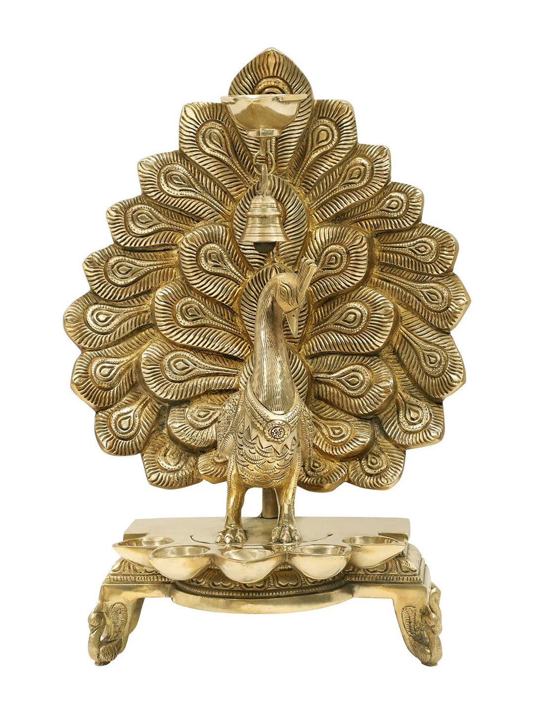 Exotic India Gold-Toned & Black Peacock Six Wicks Oil Lamp Showpiece