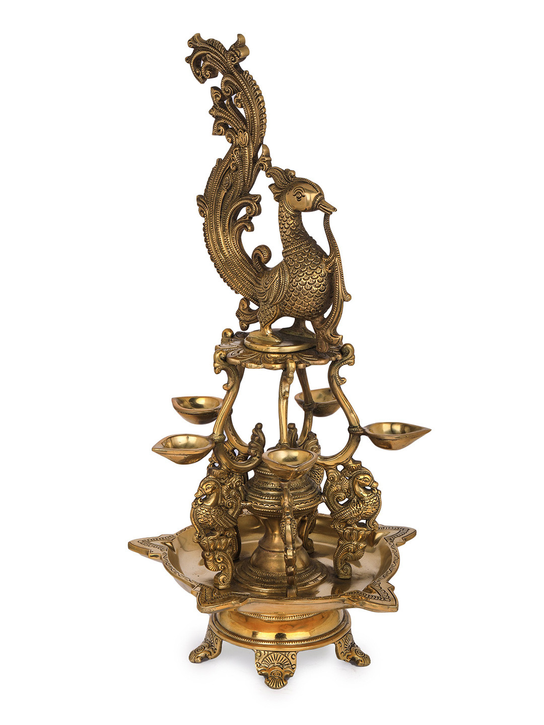 Exotic India Religious Ten Wicks Peacock Lamp Showpiece