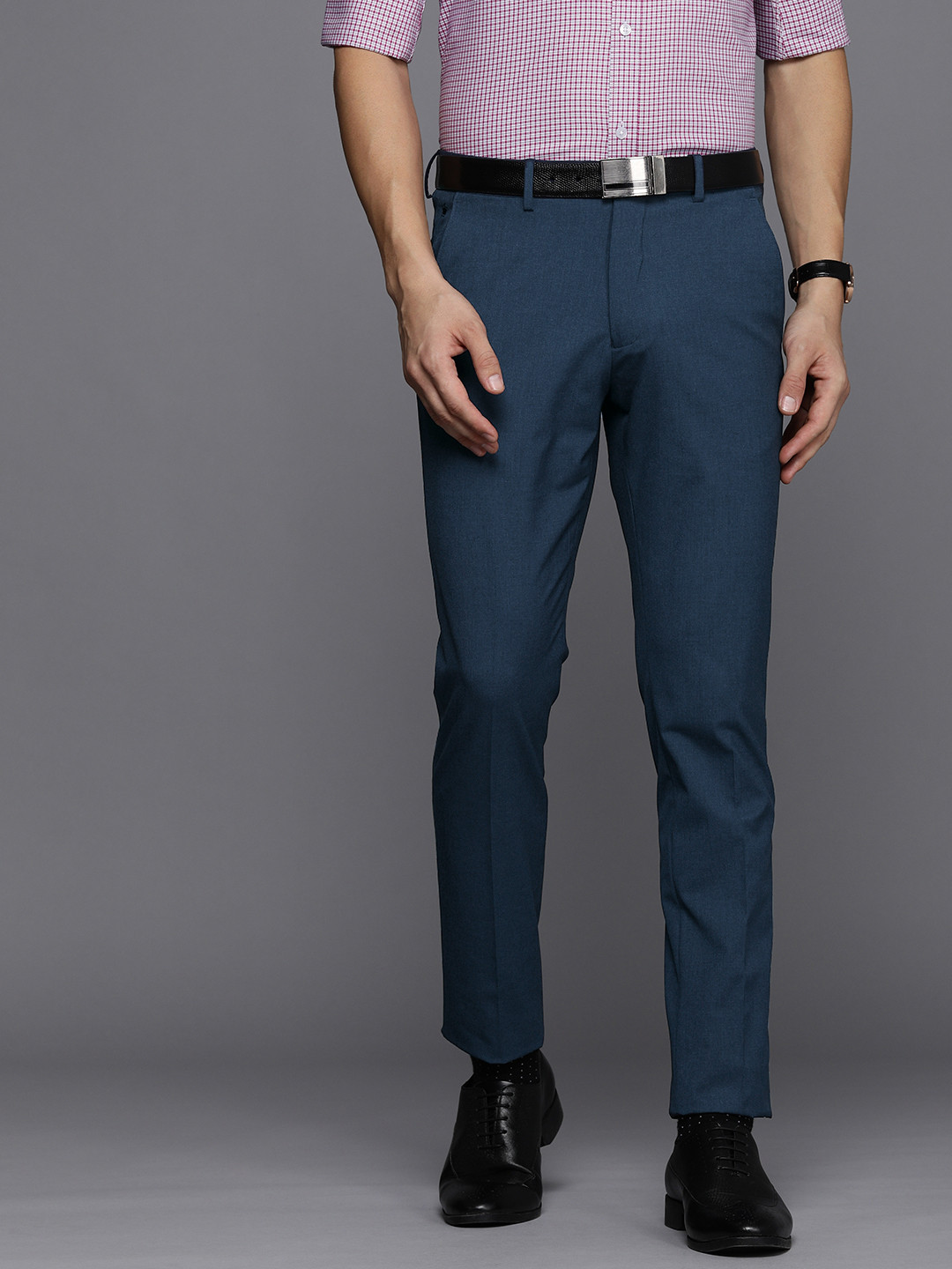 Louis Philippe Men Navy Blue Super Slim Fit Stain Resistant Formal Trousers