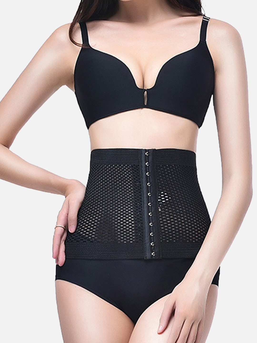 Flenzy Women Black Textured High-Rise Tummy Shapewear