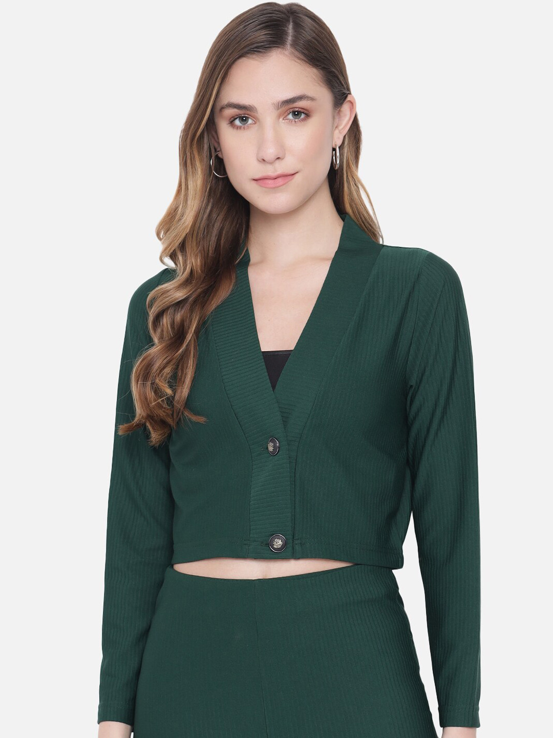 Orchid Blues Women Green Solid Single Breasted Crop Blazer