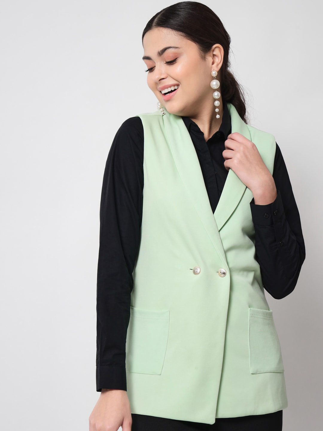 Orchid Blues Women Green Solid Double-Breasted Comfort-Fit Blazer