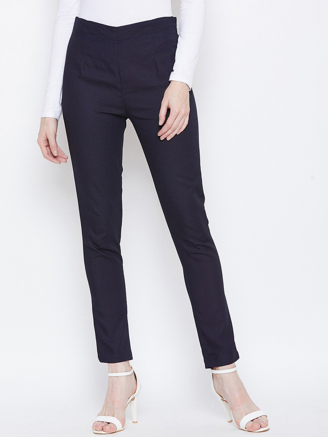 Ruhaans Women Navy Blue Printed Smart High-Rise Cotton Trouser