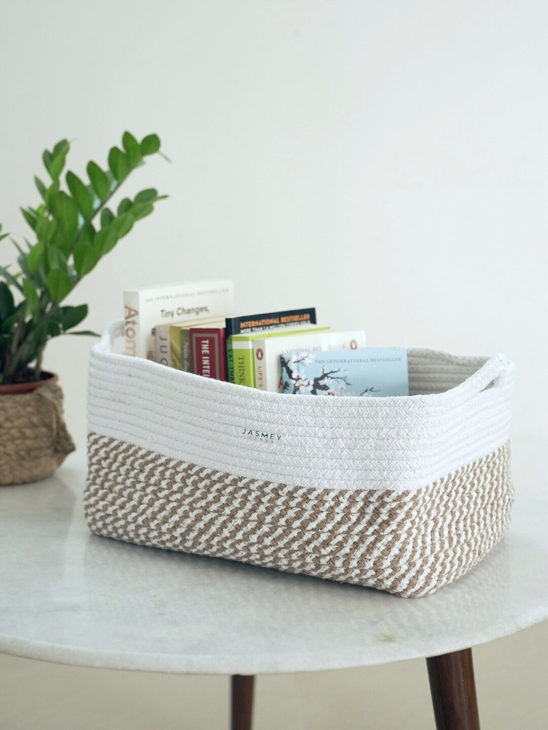 JASMEY HOMES White Self-Design Fabric Storage Basket