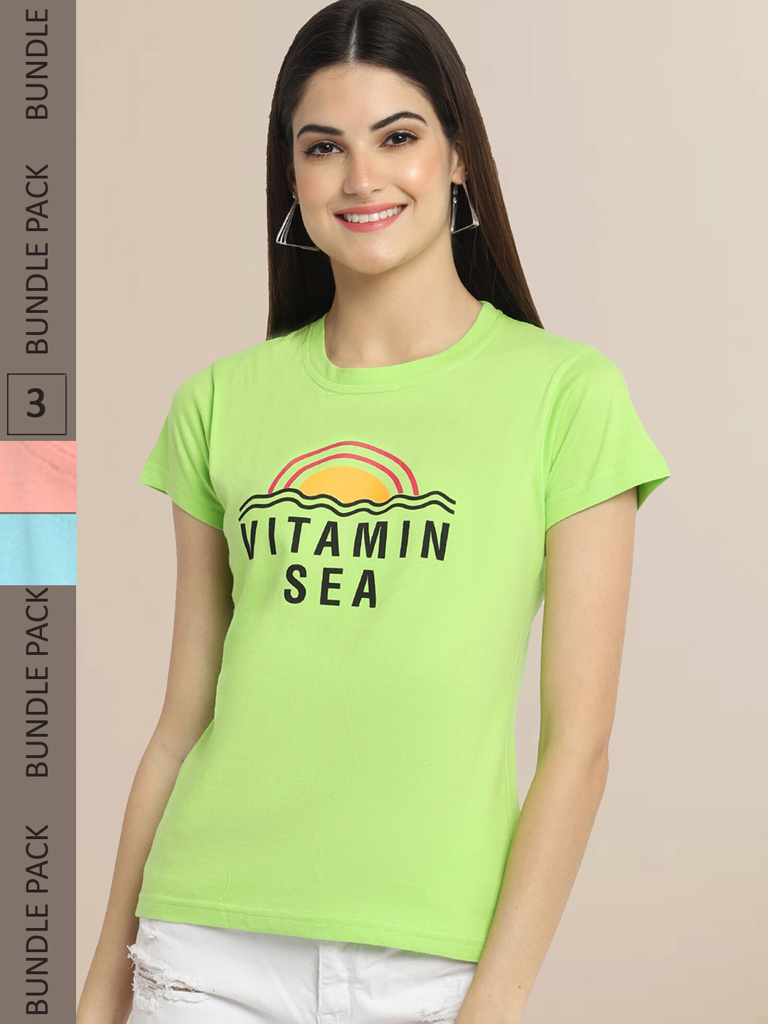 Fabflee Women Fluorescent Green & Peach-Coloured  Pack of 3 T-shirt