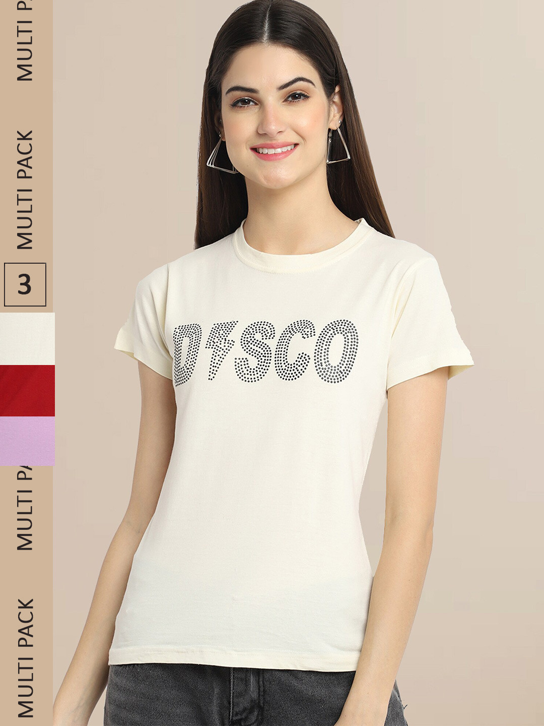 Fabflee Pack Of 3 Women Typography Printed Cotton T-shirt